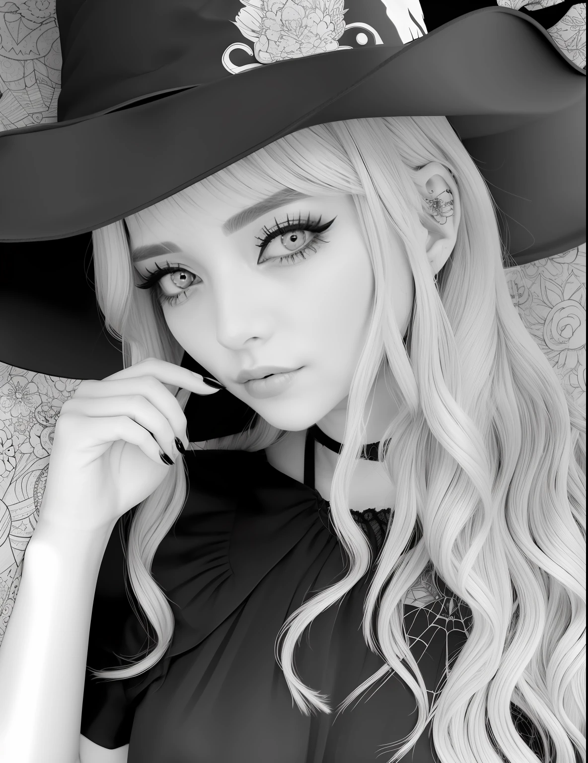 A coloring page with a girl and a cat in a Halloween scene, beautiful witch spooky female, line art colouring page, Retrato de uma jovem bruxa, Bruxa bonita com cabelo longo, black and white coloring, beautiful witch female, coloring book outline, Retrato de uma jovem bruxa, bruxa feminina bonita, clean coloring book page, bela arte de linha, arte vetorial em preto e branco
