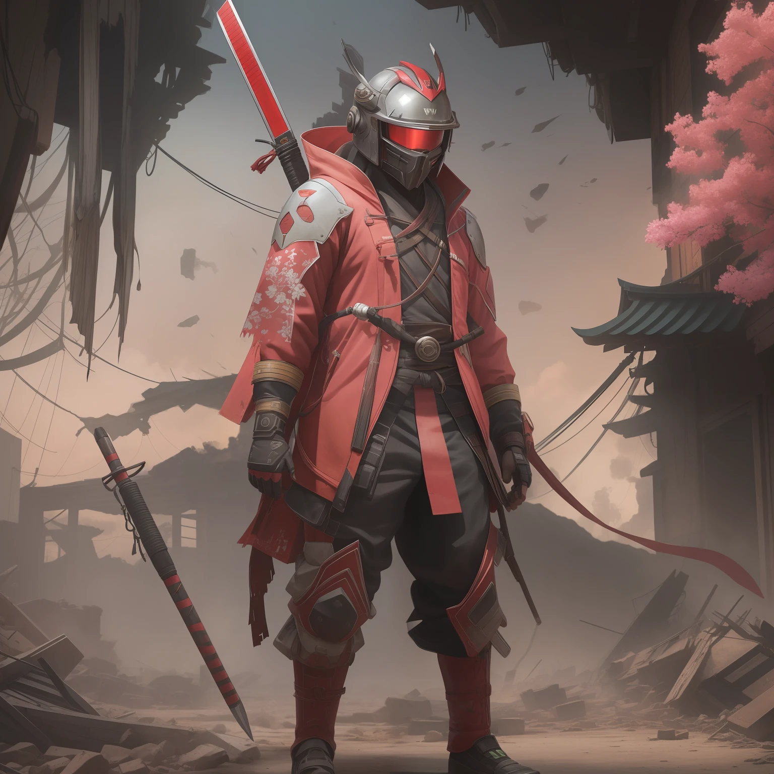 Imagine a post-apocalyptic landscape in 2500 years。Standing in the ruins、With a healthy and sturdy character named Momotaro、His youth々The face contrasts with the surrounding devastation。He wears a futuristic protective suit.、With red hakama、I have an energy sword in my hand to slay demons.。Peach-shaped pendant、i.e. a life-holding device hangs around his neck。The image is dominated by pink and red tones.、It symbolizes the identity of the character and his determination。The lighting is moody、It creates a sense of tension and anticipation。Use a high-resolution DSLR camera、Should be equipped with a telephoto lens to focus on the character and his equipment。The images are ultra-realistic、Very detailed and、Should be rendered in high resolution 16k。--ar 16:9 --v 5.1 --style raw --q 2 --s 750