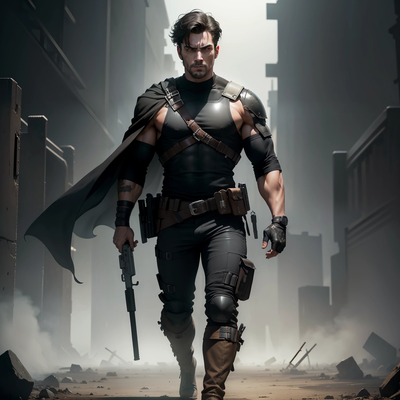 (High res, best quality, masterpiece) adult male, (solo male) harsh lighting 4k, dramatic lighting 4k, full body, athletic build, muscular, rugged look, serious expression, short black hair, brown eyes, (detailed eyes), face: blood stain, (holding, guns: pistols), gripping_handle, bulletproof vest, ((white skull painted on)), ((gloves: black)), shirt: black, boots: brown, an army of shadows surround him as he stands in the middle of a large battlefield