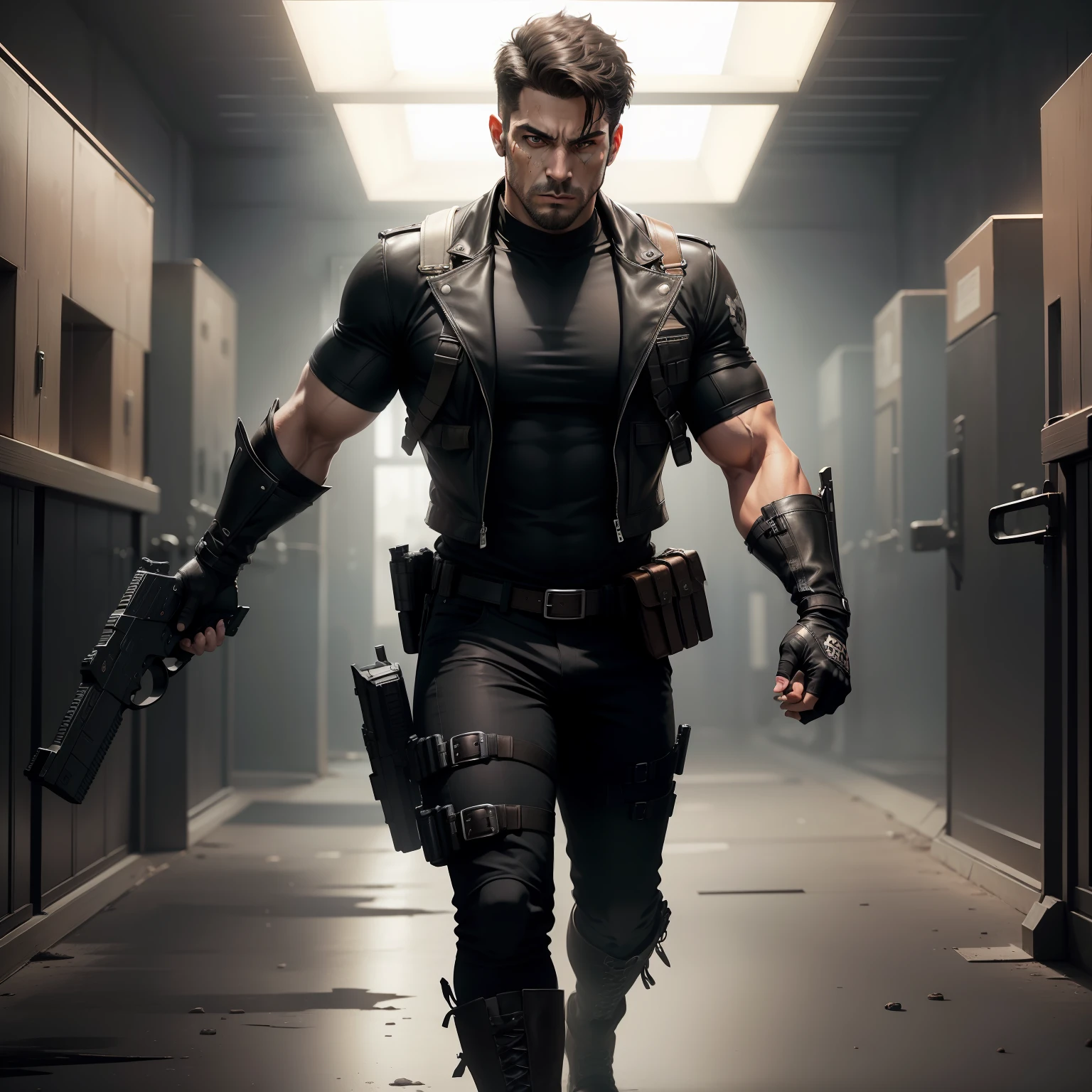 (High res, best quality, masterpiece) adult male, (solo male) harsh lighting 4k, dramatic lighting 4k, full body, athletic build, muscular, rugged look, serious expression, short black hair, brown eyes, (detailed eyes), face: blood stain, (holding, guns: pistols), gripping_handle, bulletproof vest, ((white skull painted on)), ((gloves: black)), shirt: black, boots: brown, an army of shadows surround him as he stands in the middle of a large battlefield