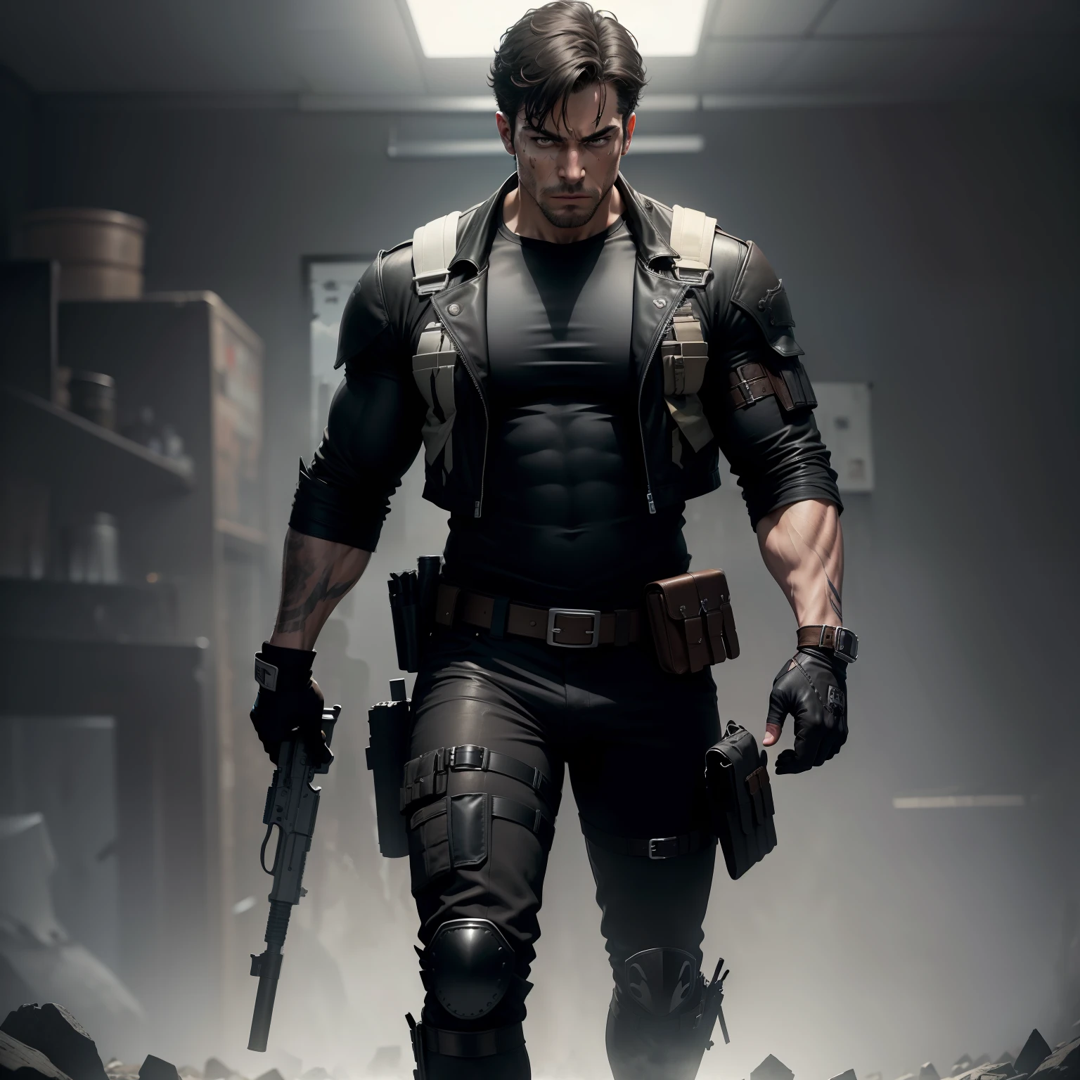 (High res, best quality, masterpiece) adult male, (solo male) harsh lighting 4k, dramatic lighting 4k, full body, athletic build, muscular, rugged look, serious expression, short black hair, brown eyes, (detailed eyes), face: blood stain, (holding, guns: pistols), gripping_handle, bulletproof vest, ((white skull painted on)), ((gloves: black)), shirt: black, boots: brown, an army of shadows surround him as he stands in the middle of a large battlefield