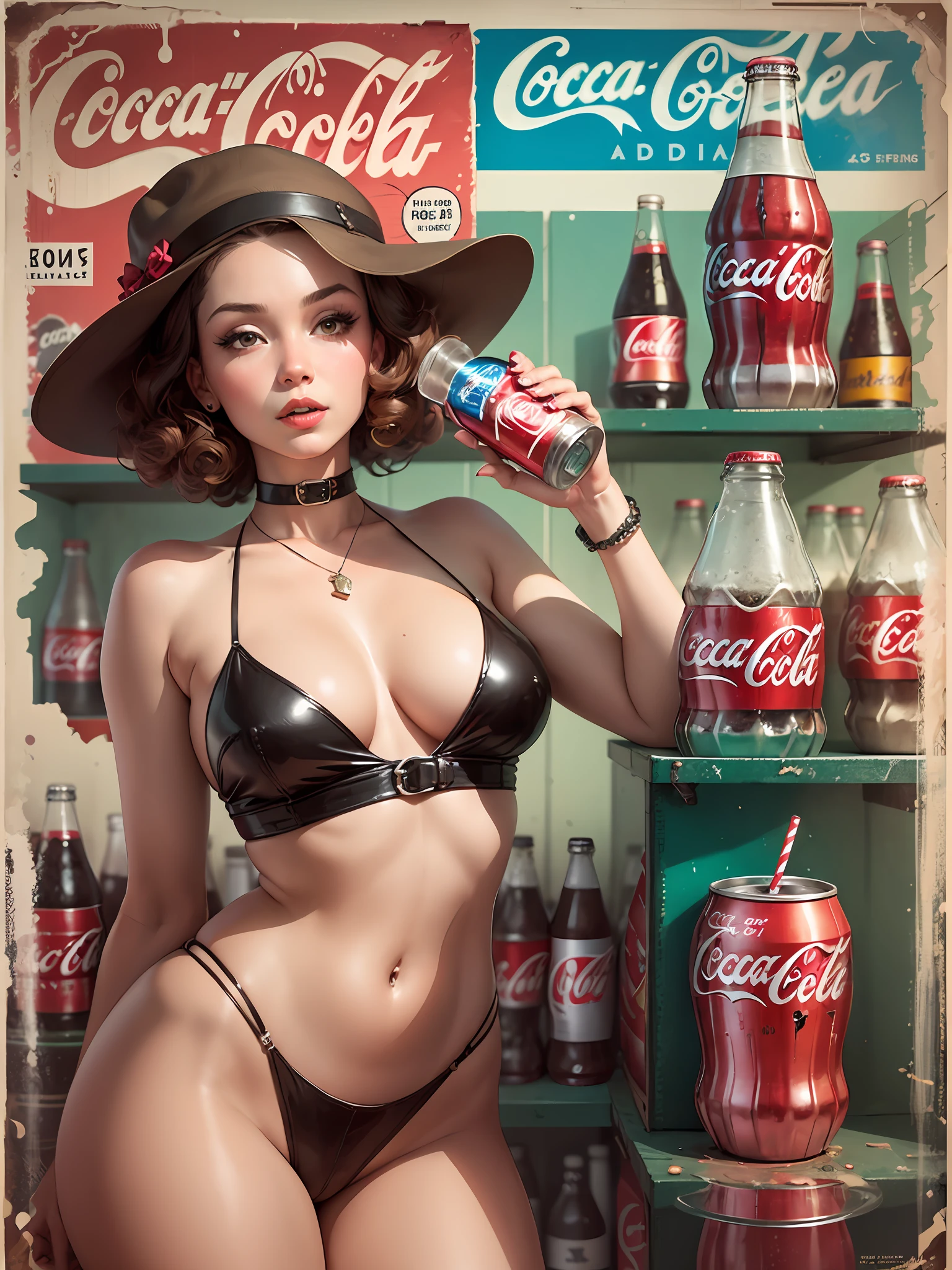 coca cola advert real magic as always five cents, inspired by Dorothy Coke, coka-cola advertisement, drinking a bottle of coca-cola, soda themed girl, inspired by Evaline Ness, retro poster, retro ad, film realistic, in style of digital illustration, promotional poster, inspired by Rolf Armstrong, in style of campbell addy, in style of digital art