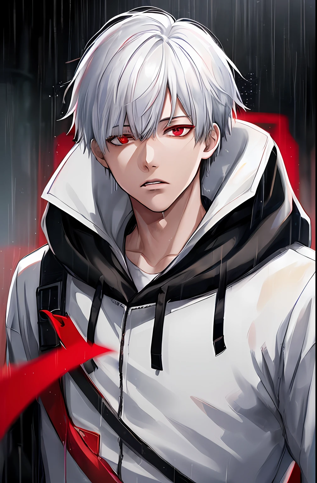 kk, best quality, more details, masterpiece, 1boy, kaneki ken, portrait, male focus, red eyes, solo, bangs, looking at viewer, hood, short hair, rain, tokyo tokyo \(city\),  hood up, nail polish, white hair, luxurious, 8k, detailed, ray tracing, depth of field, cinematic lighting,