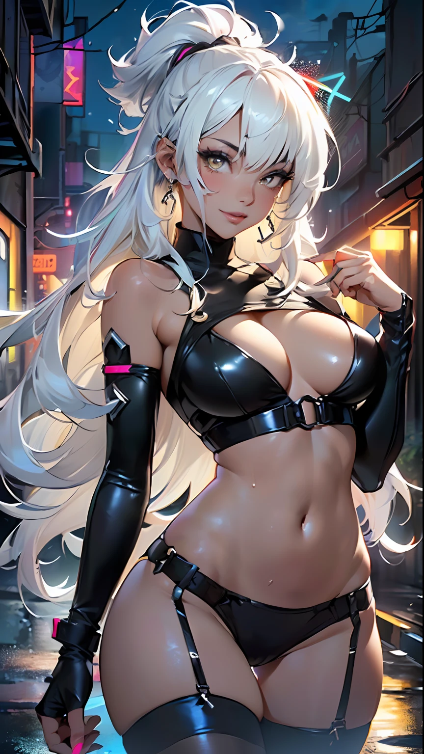 dark skin,very dark skin,dark_skin,
girl rave,(((1girl))),((anime girl with extremely cute and beautiful white hair walking seductively down the street)),
(large breasts:1.4),saggy breasts,(((white hair:1.35,straight hair,long hair:1.4,colored inner hair,ear breathing))),((very light yellow eyes:1.3,upturned eyes:1.3,perfect eyes,beautiful detailed eyes,gradient eyes:1,finely detailed beautiful eyes:1,symmetrical eyes:1,big highlight on eyes:1.2)),((fat)),((((black girl,black skin,dark-skinned_female,dark skin:1.3,ebony skin,lustrous skin:1.5,bright skin: 1.5,shiny skin,very shiny skin,shiny body,plastic glitter skin,exaggerated shiny skin,shiny skin like ebony))),(spider lower abdomen,narrow waist,wide hip,athletic body,inflated legs,delicate detailed fingers,detailed body,detailed arms,human hands,detailed hands),glowing skin,shiny eyes with reflexion,splashing,ultra shiny hairs, neon hairs,hologram body
cute,slutty,seductive,erotic,(((nsfw))),
zettai ryouiki,revealing clothing,show skin,((rave shirt with an yellow print,rave mini-skirt,visible thong straps)),(wearing a rave outfit:1.3,rave clothes,semi-naked,with little clothing,),(detailed outfit,detailed clothes),glowing clothes,
(dynamic pose:1.0),solo focus,((mischievous smile)),centered,scale to fit dimensions,Rule of thirds,
outdoors,((night view)),(cyberpunk night street Background: 1.5,dark sky,alleyway,lonely alley,thick clouds,detailed background:1.25),
(best quality),(high resolution),(sharp focus),(ultra detailed),(extremely detailed),(extremely high quality artwork),8k_wallpaper,(extremely detailed CG 8k),(very fine 8K CG),((hyper super ultra detailed perfect piece)),flawless,(((masterpiece))),illustration,vibrant colors,(intricate),High contrast,Selective lighting,Double exposure,HDR (High Dynamic Range),Post-processing,Background blur,