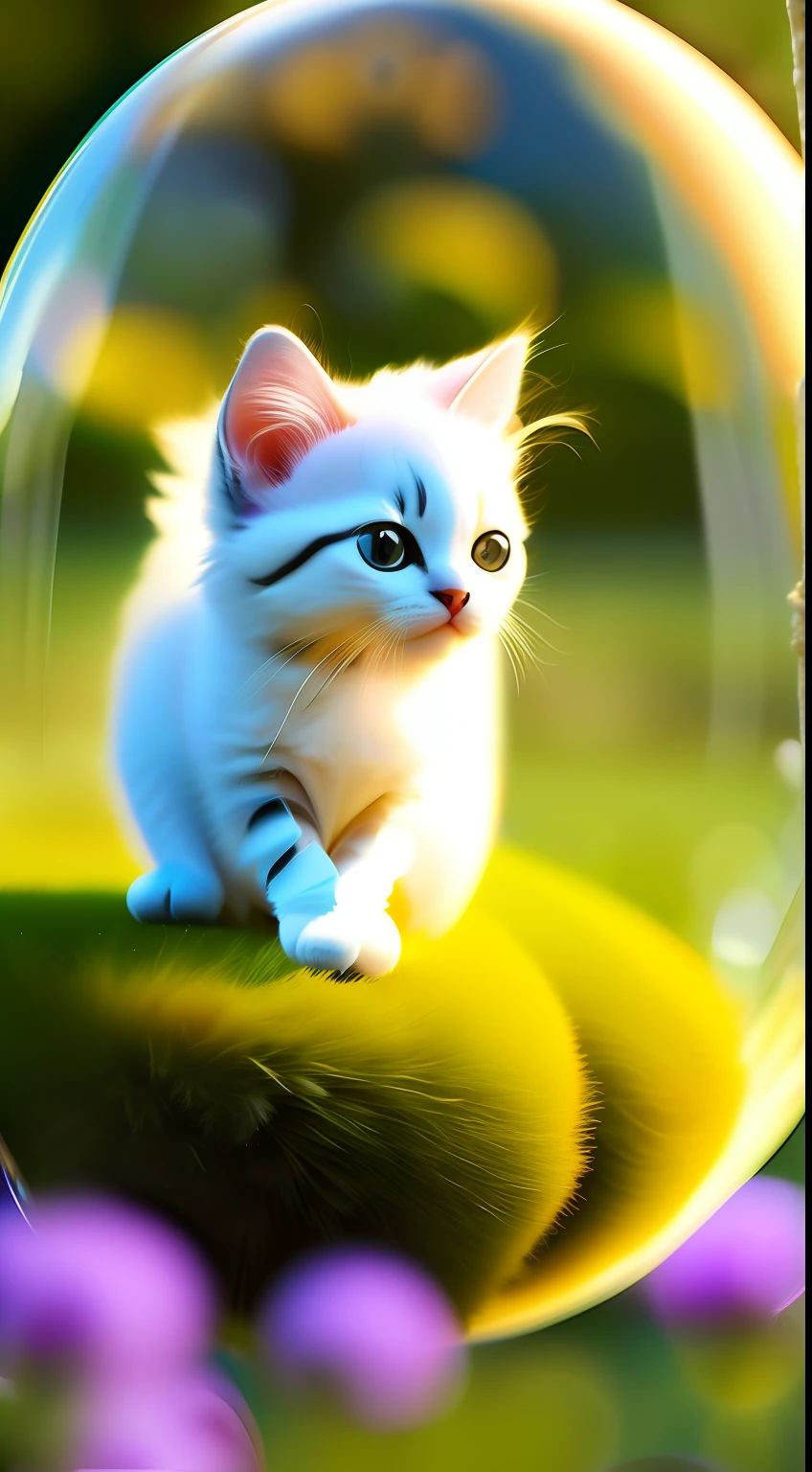 A photo of a white-haired kitten with big eyes in a field inside a giant bubble, shaggy,fluffly,encapsulation