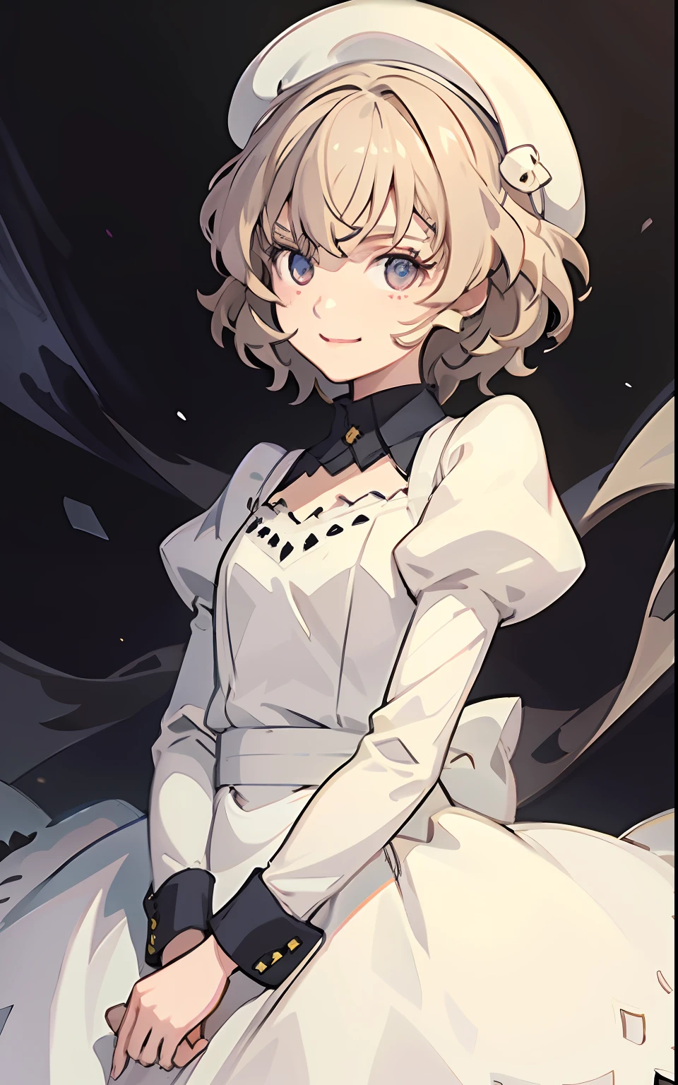 Masterpiece, Best quality, Ultra-detailed, illustration,
1girll, straight-on, Upper body, Solo, Short hair, Smile, White dress, (iwanagadress:1.2), (iwanagakotoko:0.9),beret,Flower background