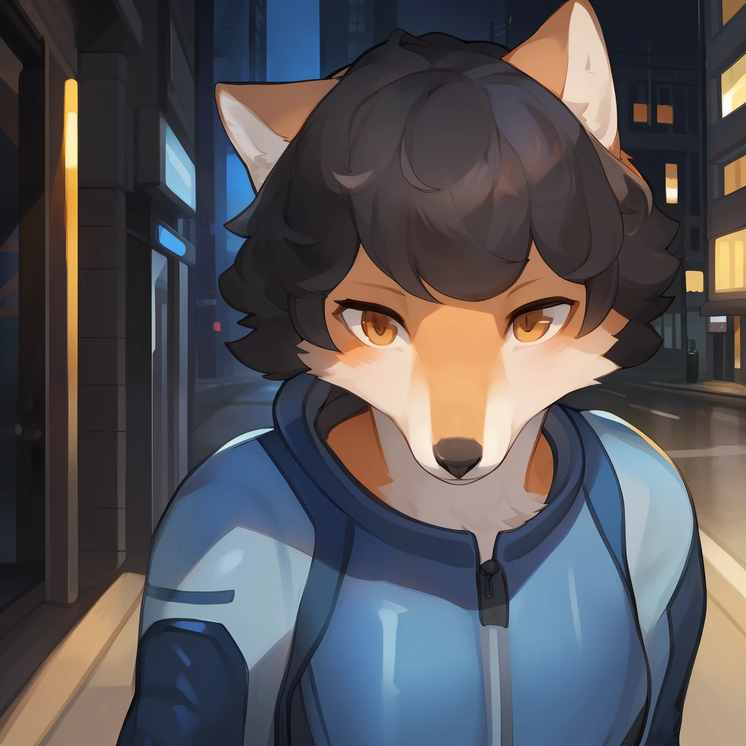 Solo, female, street, by bebebebebe, (hair, snout), pale fox, (((pale orange))) fur, black hair, (short curly hair), black nose, (((blue spacesuit)), amber eyes