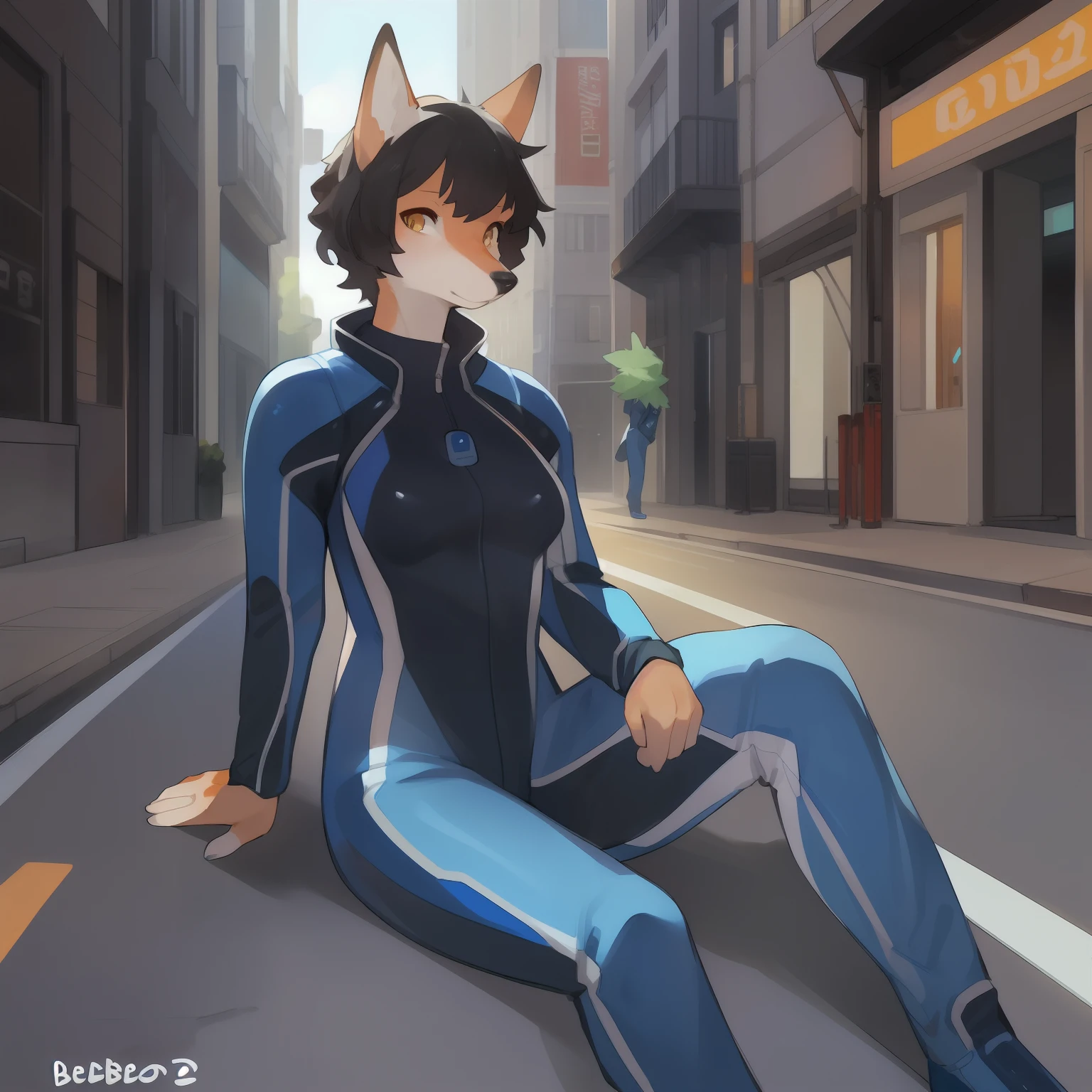 Solo, female, street, by bebebebebe, (hair, snout), pale fox, (((pale orange))) fur, black hair, (short curly hair), black nose, (((blue spacesuit)), amber eyes