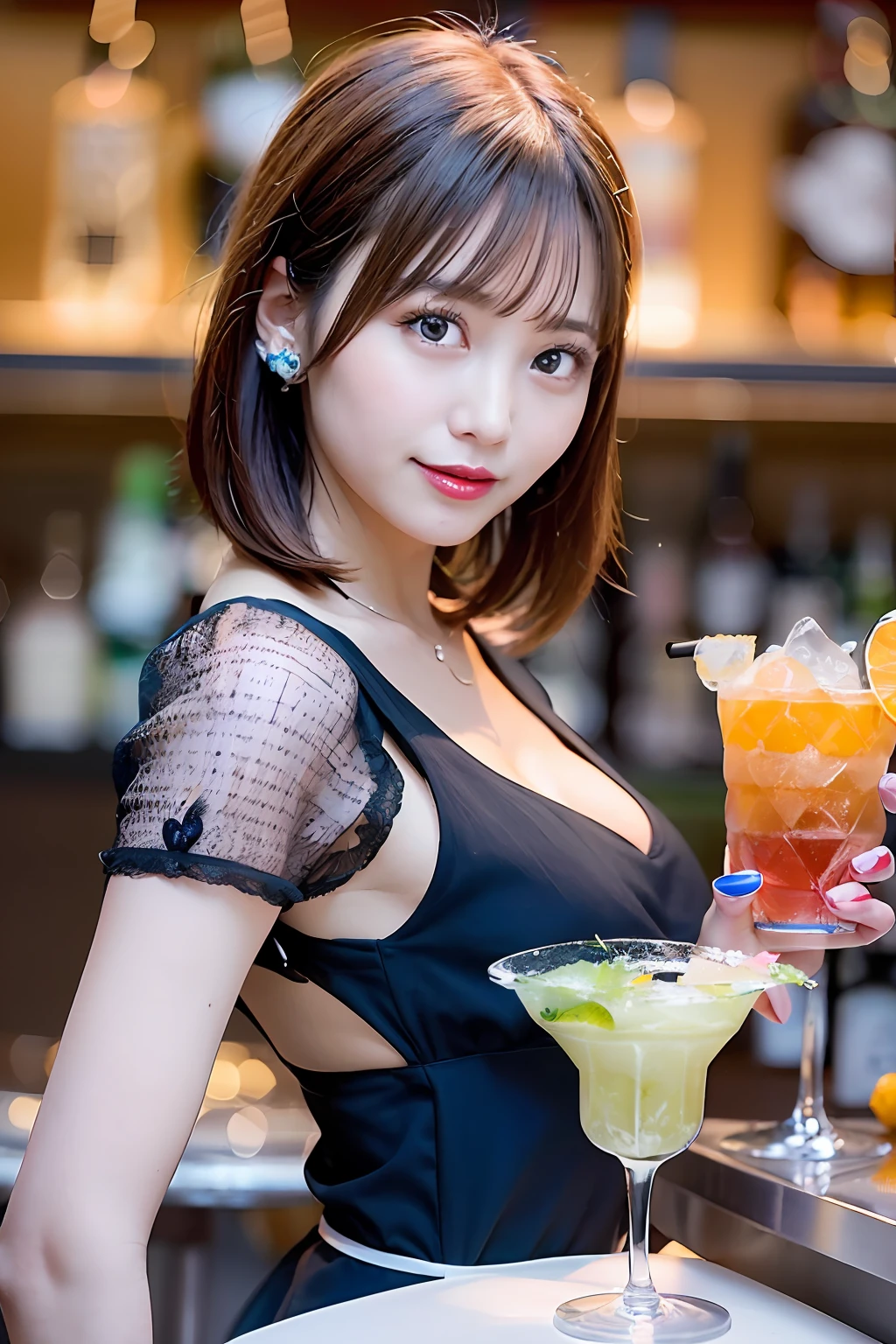 (Female bartender serving beautiful cocktails at dimly lit bar counter,),(( White and black bartender uniform,))、Japan Idol Girl、A smile、(Reddish brown straight bob cut hair、hair pin)、huge-breasted、(((Pour the ice cubes into a shiny glass container,、Enjoy a colorful blue cocktail inspired by summer,))),Beautiful fingers,Beautiful fingertips,gazing at viewer、