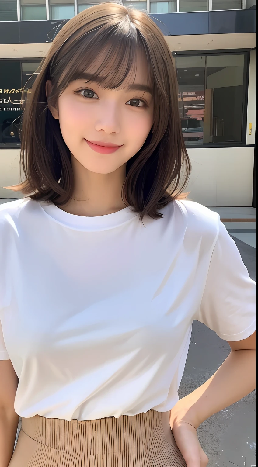 (8k、RAW Photography、top-quality、masuter piece:1.2)、ultra-detailliert、ultra res、(realisitic、rialistic photo:1.37)、portlate、high-definition RAW color photography、Professional Photography、highly detailed and beautiful、ighly detailed、8K wallpapers、amazing detailed、huge filesize、Official Art、Highly detailed CG Unity 8k wallpapers、highly detailed beautiful girl、extra detailed face、extremely detailed eye、highlydetailed skin、extremely detailed fingers、highly detailed nose、very detailed detailed mouth、Perfect Anatomy、highly detailed back ground、Highly detailed clothing、女の子 1 人、(18:1.2)、Teen、Cute little girl s、famous Japan idol、cute little、Realistic body、小柄、de pele branca、glistning skin、Slim body、handsome body、brown haired、short curly hair、(Blunt bangs:1.2)、a smile、kawaii、zora々Right、kawaii faces、lifelike face、Delicat eyes、Sauce order、White shirt、skirt by the、耳Nipple Ring、Looking at the camera、cowboy  shot、front facing、Standing、Contrapo, high street, 动态照明,