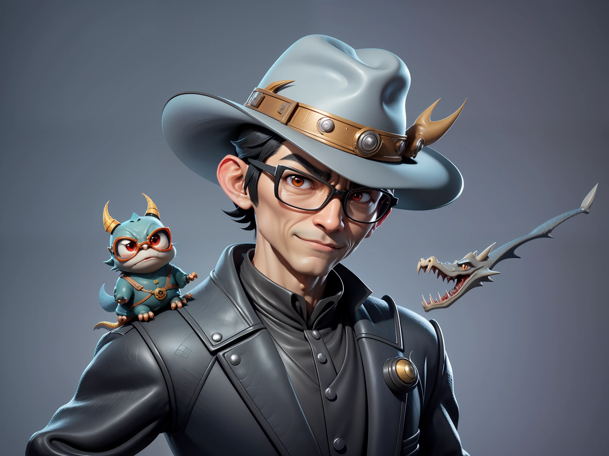 Young man with oriental face in leather hat, dragon, formal suit, short black hair, silver glasses, digital painting, 3D character design by Mark Clairedon and Pixar and Hayao Miyazaki and Akira Toriyama, the illustration is a high-definition illustration in 4K resolution with very detailed facial features and cartoon-style visuals.