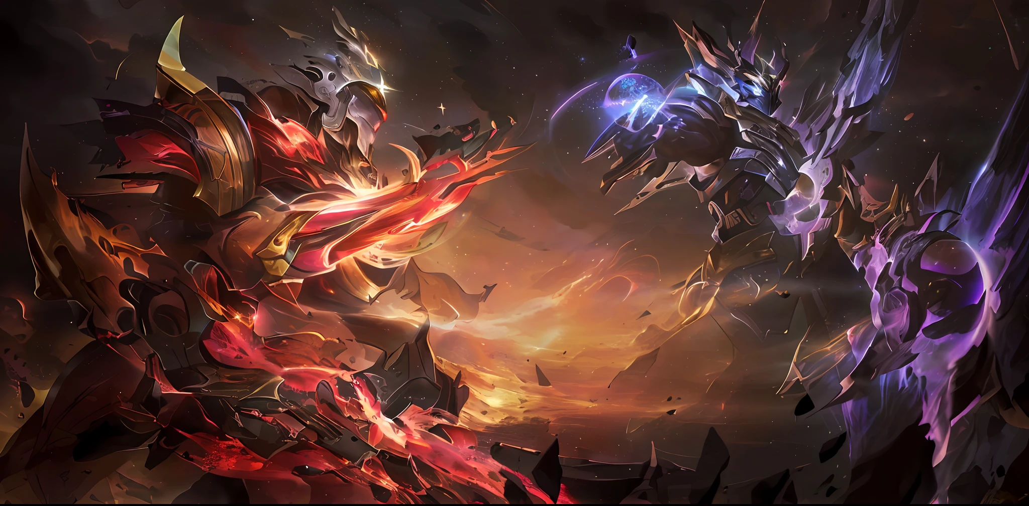 masterpiece, best quality, ultra-detailed, illustration, 1boy, solo, cowboy shot, darkstar style, glowing, glowing eyes, space, planet, star /(sky/), black hole, holding black hole, helmet, purple skin, colored skin, armor