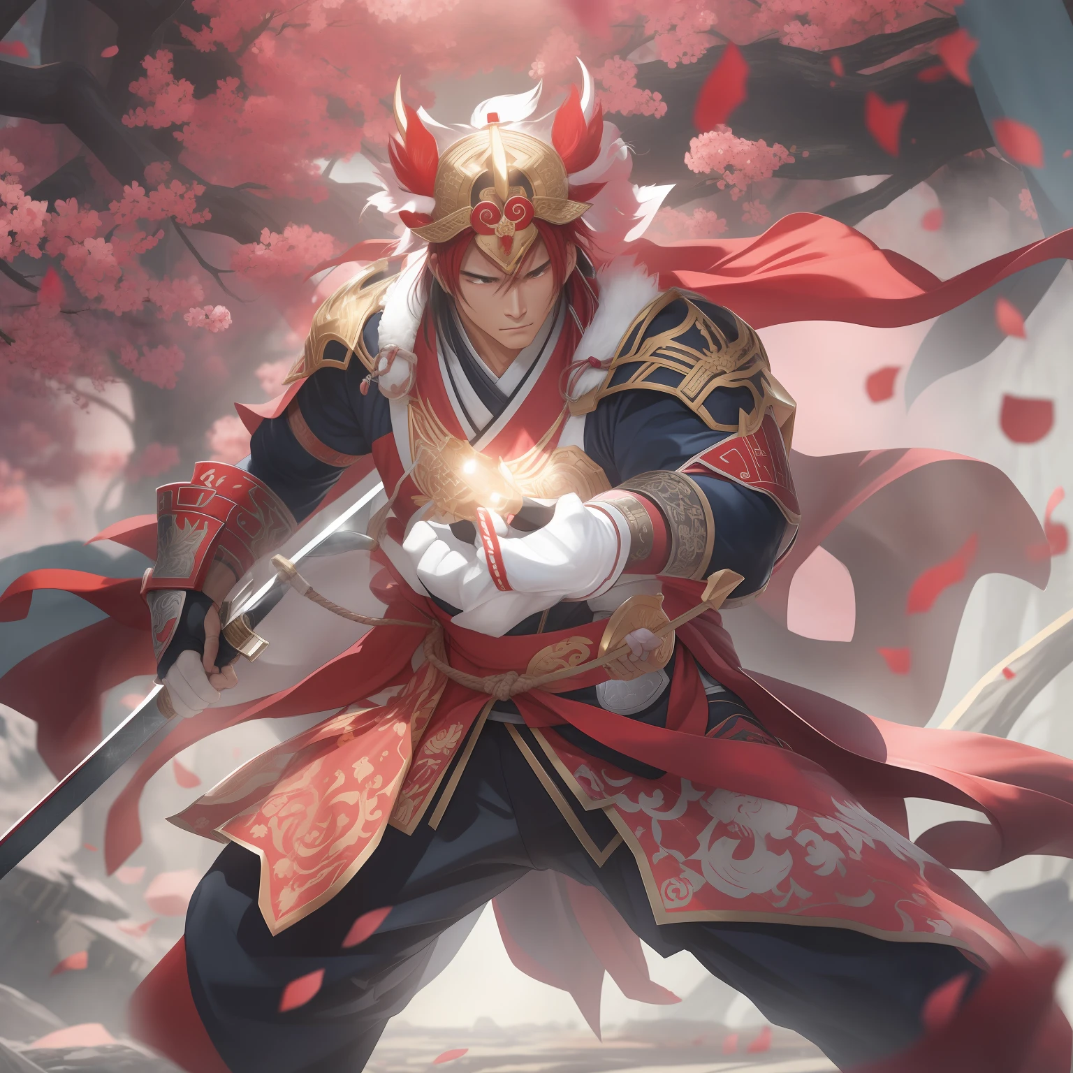 Set on a 2,500-year-old devastated Earth、Japan young man with muscular and healthy physique、Imagine Momotaro。He wears a combat protective suit、The bright red hakama symbolizes his traditional roots。In his hands、Has a large energy sword designed for demon slaying。On his neck、A peach-shaped pendant hangs as a life-sustaining device。pure、He holds a large flag of white。The color palette is mainly pink and pink.、Reflects the character's name and outfit。The lighting is dramatic and、Long cast shadows、Emphasizes his equipment and the texture of the surrounding environment。The camera used is a high-end DSLR、You should use a wide-angle lens to capture the entire scene。The images are ultra-realistic、Very detailed and、High resolution should be 16k。--ar 16:9 --v 5.1 --style raw --q 2 --s 750