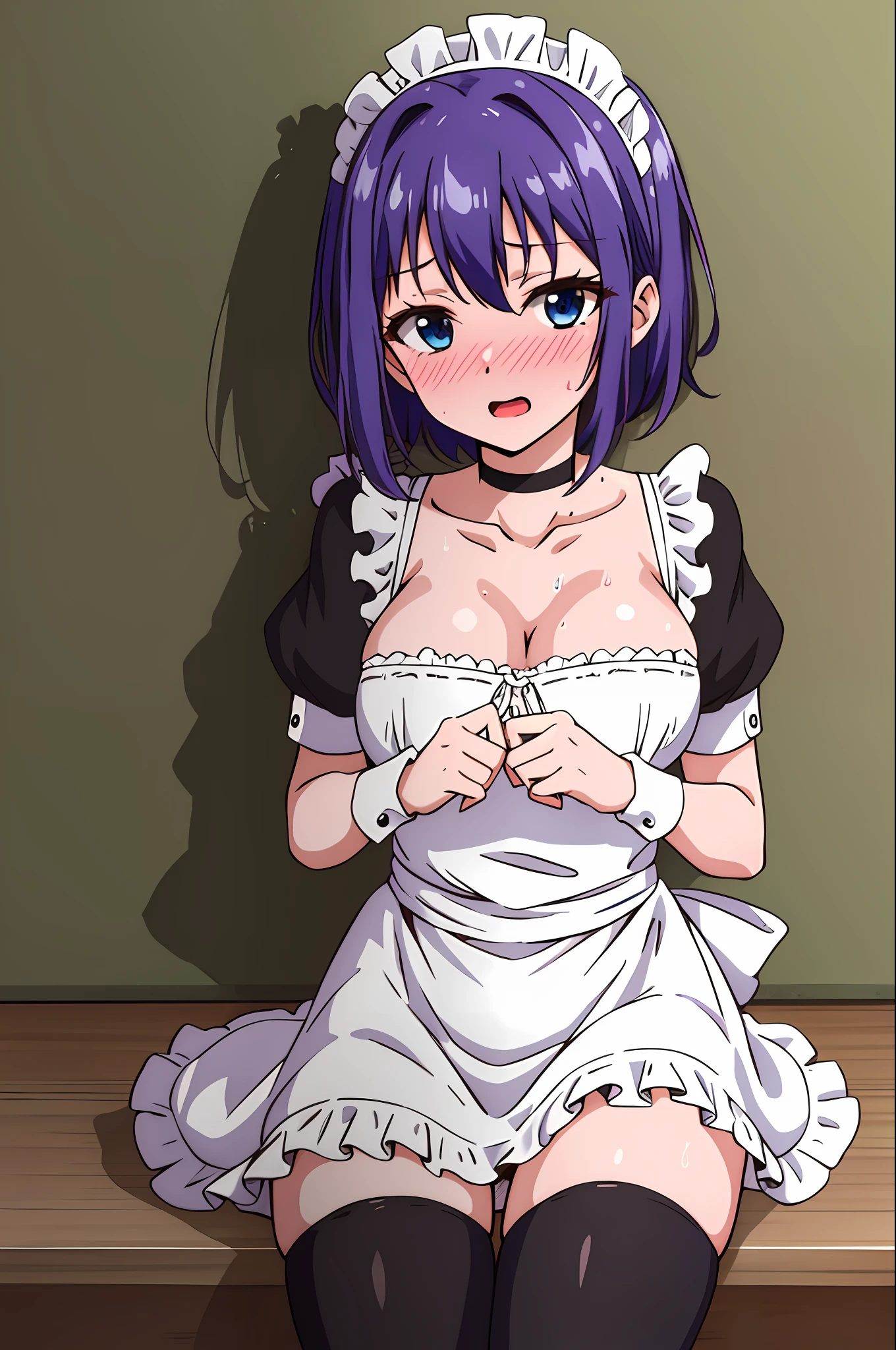 masterpiece, best quality, high resolution, extremely detailed, detailed background, cinematic lighting, dynamic angle, hoshizuki kaede, 1girl, purple hair, solo, breasts, looking at viewer, short hair, open mouth, blue eyes, cleavage, medium breasts, short sleeves, frills, choker, puffy sleeves, black thighhighs, puffy short sleeves, zettai ryouiki, wrist cuffs, maid, maid headdress, white apron, maid apron,  sweat, blush, embarrassed , heavy breathing , steaming body, aroused, nsfw