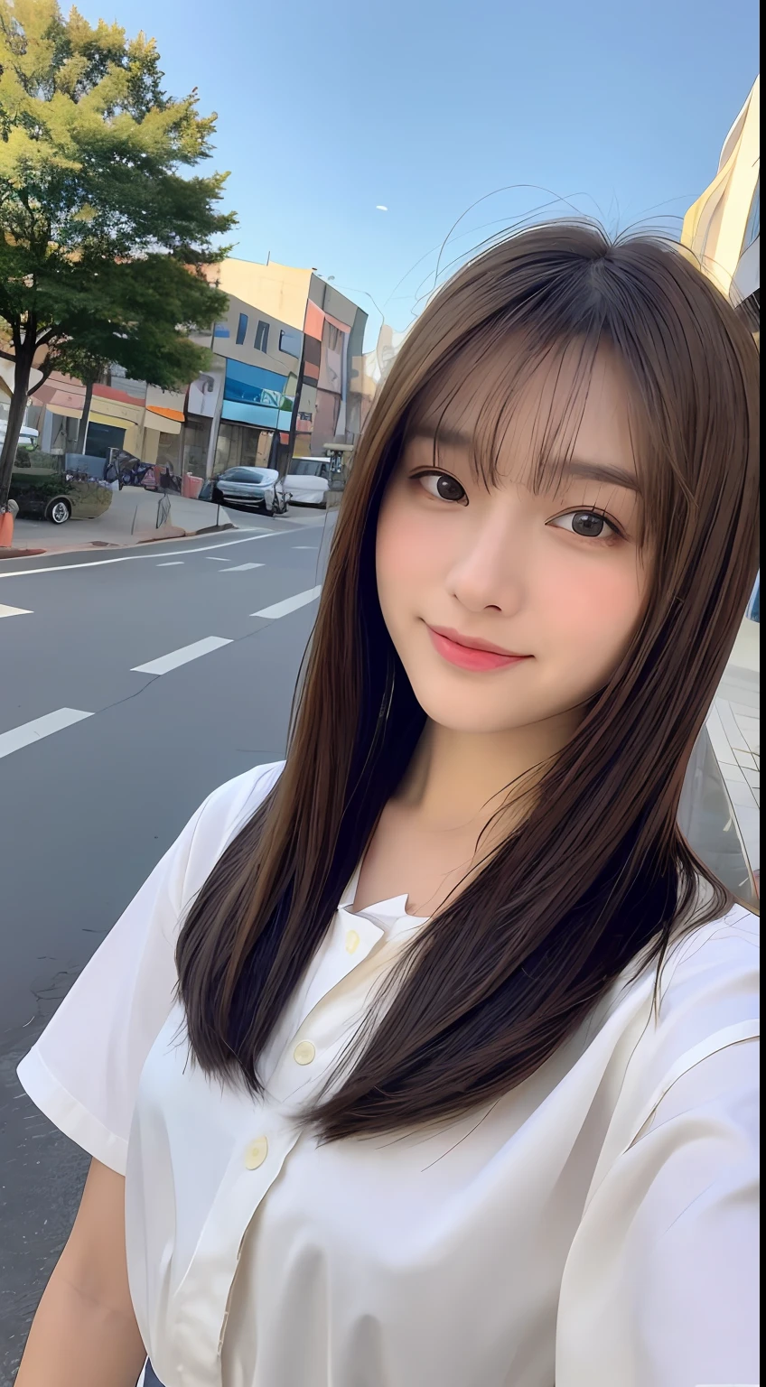 (8k、RAW Photography、top-quality、masuter piece:1.2)、ultra-detailliert、ultra res、(realisitic、rialistic photo:1.37)、portlate、high-definition RAW color photography、Professional Photography、highly detailed and beautiful、ighly detailed、8K wallpapers、amazing detailed、huge filesize、Official Art、Highly detailed CG Unity 8k wallpapers、highly detailed beautiful girl、extra detailed face、extremely detailed eye、highlydetailed skin、extremely detailed fingers、highly detailed nose、very detailed detailed mouth、Perfect ???????、highly detailed back ground、Highly detailed clothing、女の子 1 人、(18:1.2)、Teen、Cute little girl s、famous Japan idol、cute little、Realistic body、小柄、de pele branca、glistning skin、Slim body、handsome body、brown haired、short curly hair、(Blunt bangs:1.2)、a smile、kawaii、zora々Right、kawaii faces、lifelike face、Delicat eyes、Sauce order、White shirt、skirt by the、耳Nipple Ring、Looking at the camera、cowboy  shot、front facing、Standing、Contrapo, high street, 动态照明,