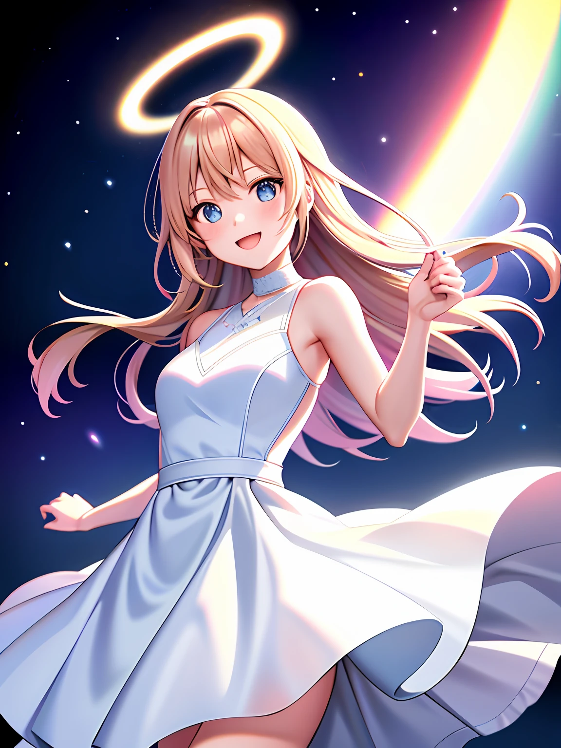 Anime for girls dancing in white dresses, Stage,Overhead halo，dyna，having fun，cheerfulness，Hitch， Fault art, color difference, No one knows the future