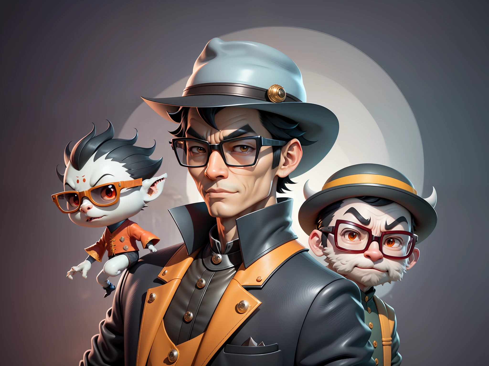 Young man with oriental face in leather hat, dragon, formal suit, short black hair, silver glasses, digital painting, 3D character design by Mark Clairedon and Pixar and Hayao Miyazaki and Akira Toriyama, the illustration is a high-definition illustration in 4K resolution with very detailed facial features and cartoon-style visuals.