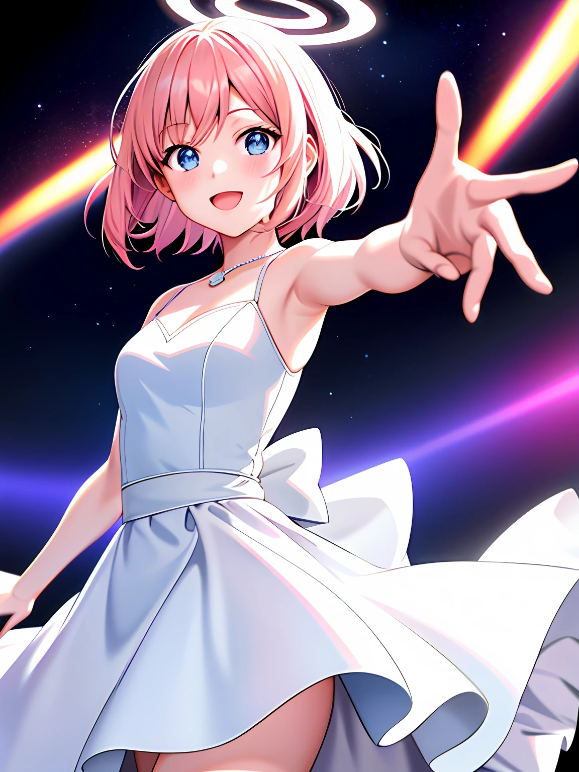 Anime for girls dancing in white dresses, Stage,Overhead halo，dyna，having fun，cheerfulness，Hitch， Fault art, color difference, No one knows the future