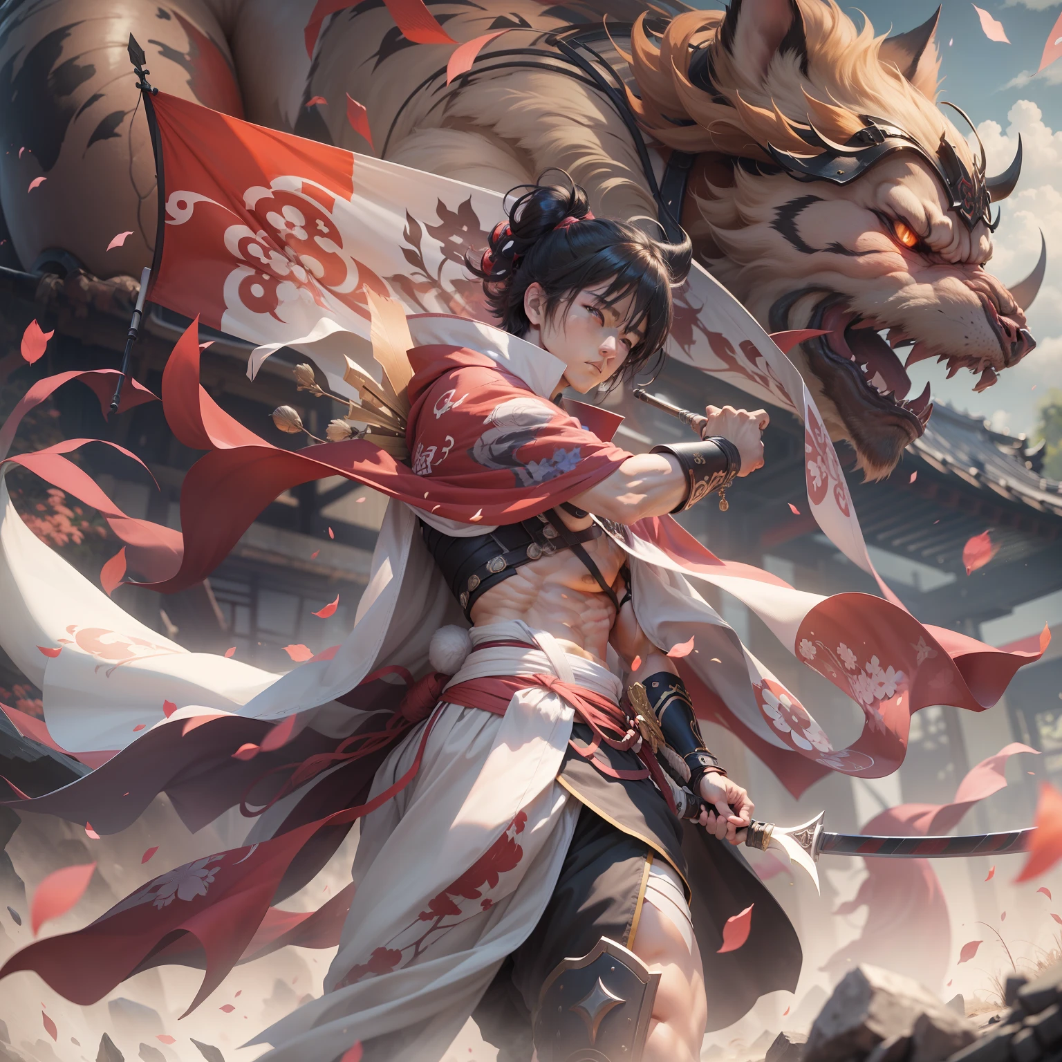 Set on a 2,500-year-old devastated Earth、Japan young man with muscular and healthy physique、Imagine Momotaro。He wears a combat protective suit、The bright red hakama symbolizes his traditional roots。In his hands、Has a large energy sword designed for demon slaying。On his neck、A peach-shaped pendant hangs as a life-sustaining device。pure、He holds a large flag of white。The color palette is mainly pink and pink.、Reflects the character's name and outfit。The lighting is dramatic and、Long cast shadows、Emphasizes his equipment and the texture of the surrounding environment。The camera used is a high-end DSLR、You should use a wide-angle lens to capture the entire scene。The images are ultra-realistic、Very detailed and、High resolution should be 16k。--ar 16:9 --v 5.1 --style raw --q 2 --s 750