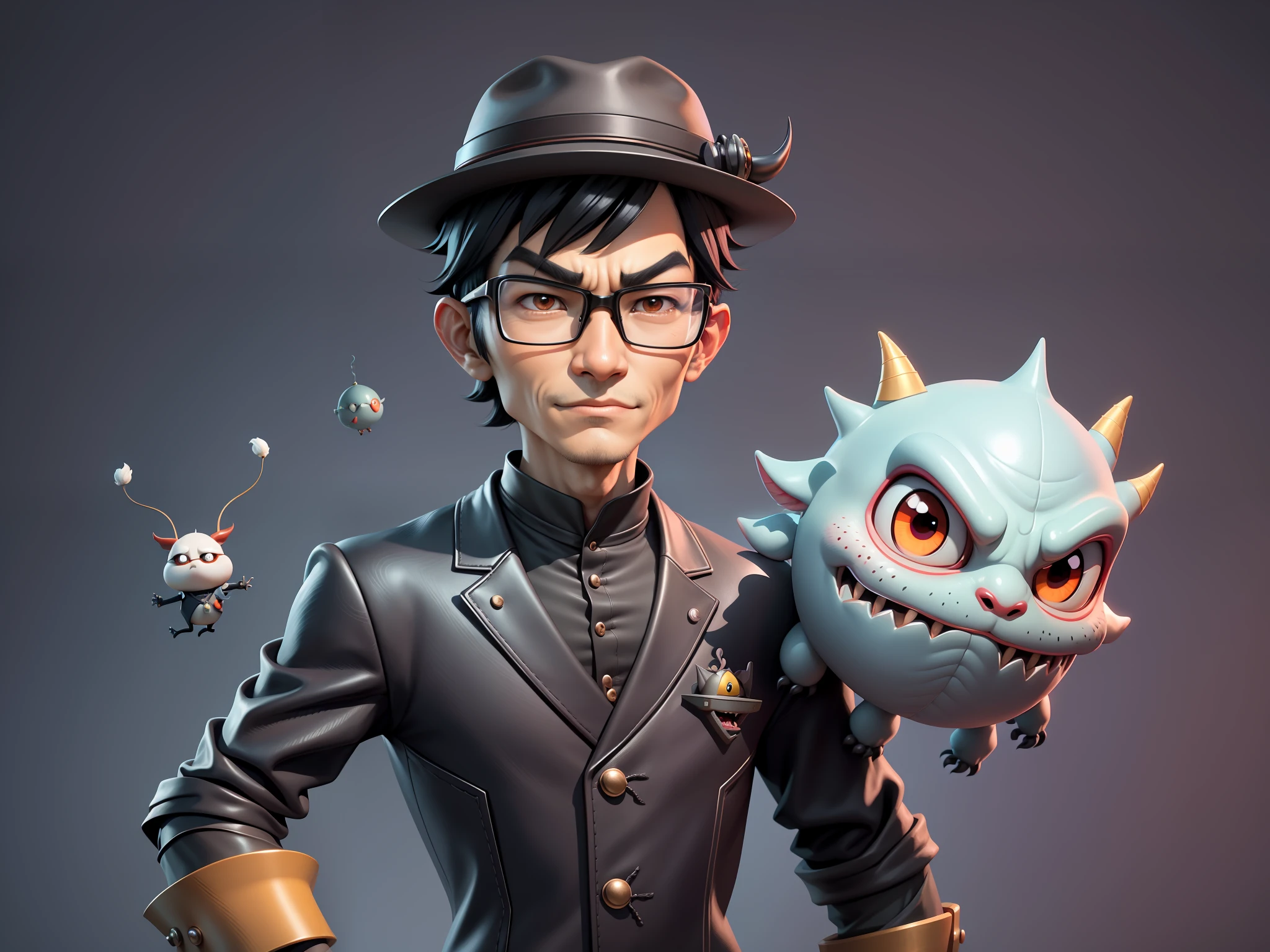 Young man with oriental face in leather hat, dragon, formal suit, short black hair, silver glasses, digital painting, 3D character design by Mark Clairedon and Pixar and Hayao Miyazaki and Akira Toriyama, the illustration is a high-definition illustration in 4K resolution with very detailed facial features and cartoon-style visuals.