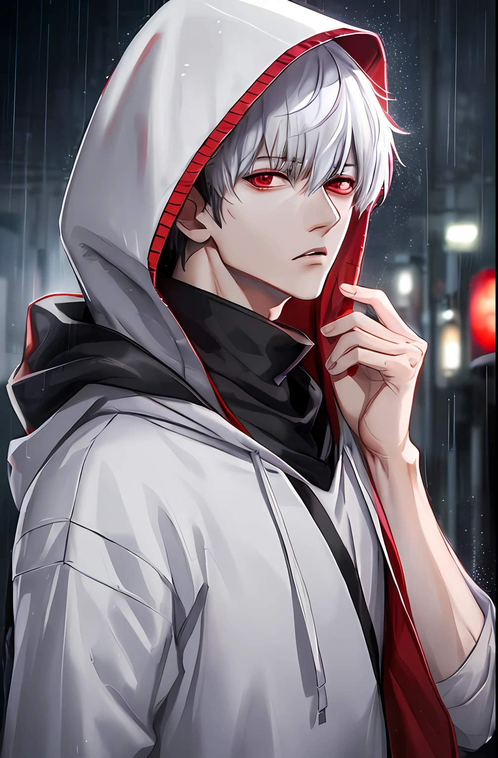 kk, best quality, more details, masterpiece, 1boy, kaneki ken, portrait, male focus, red eyes, solo, bangs, looking at viewer, hood, short hair, rain, tokyo tokyo \(city\), hood up, nail polish, white hair, luxurious, 8k, detailed, ray tracing, depth of field, cinematic lighting,
