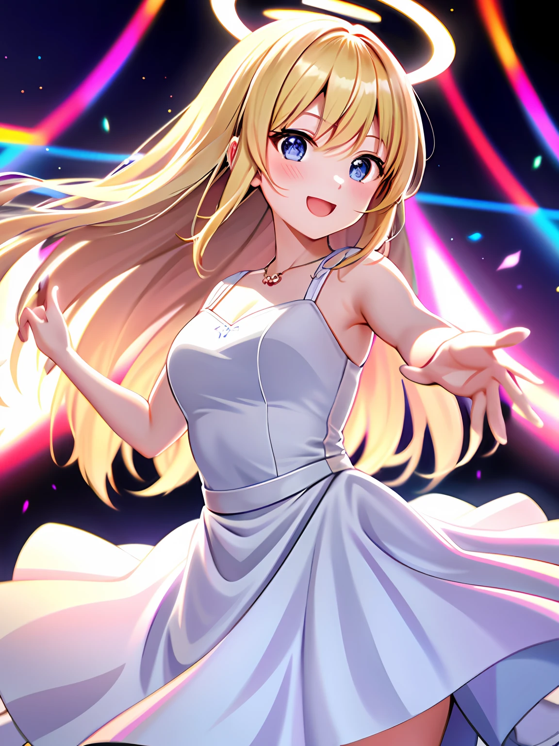 Anime for girls dancing in white dresses, Stage,Overhead halo，dyna，having fun，cheerfulness，Hitch， Fault art, color difference, No one knows the future