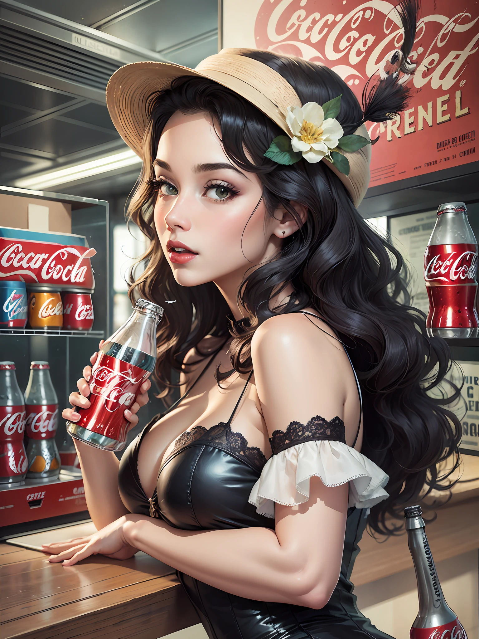 coca cola advert real magic as always five cents, inspired by Dorothy Coke, coka-cola advertisement, drinking a bottle of coca-cola, soda themed girl, inspired by Evaline Ness, retro poster, retro ad, film noir realistic, in style of digital illustration, promotional poster, inspired by Rolf Armstrong, in style of campbell addy, in style of digital art