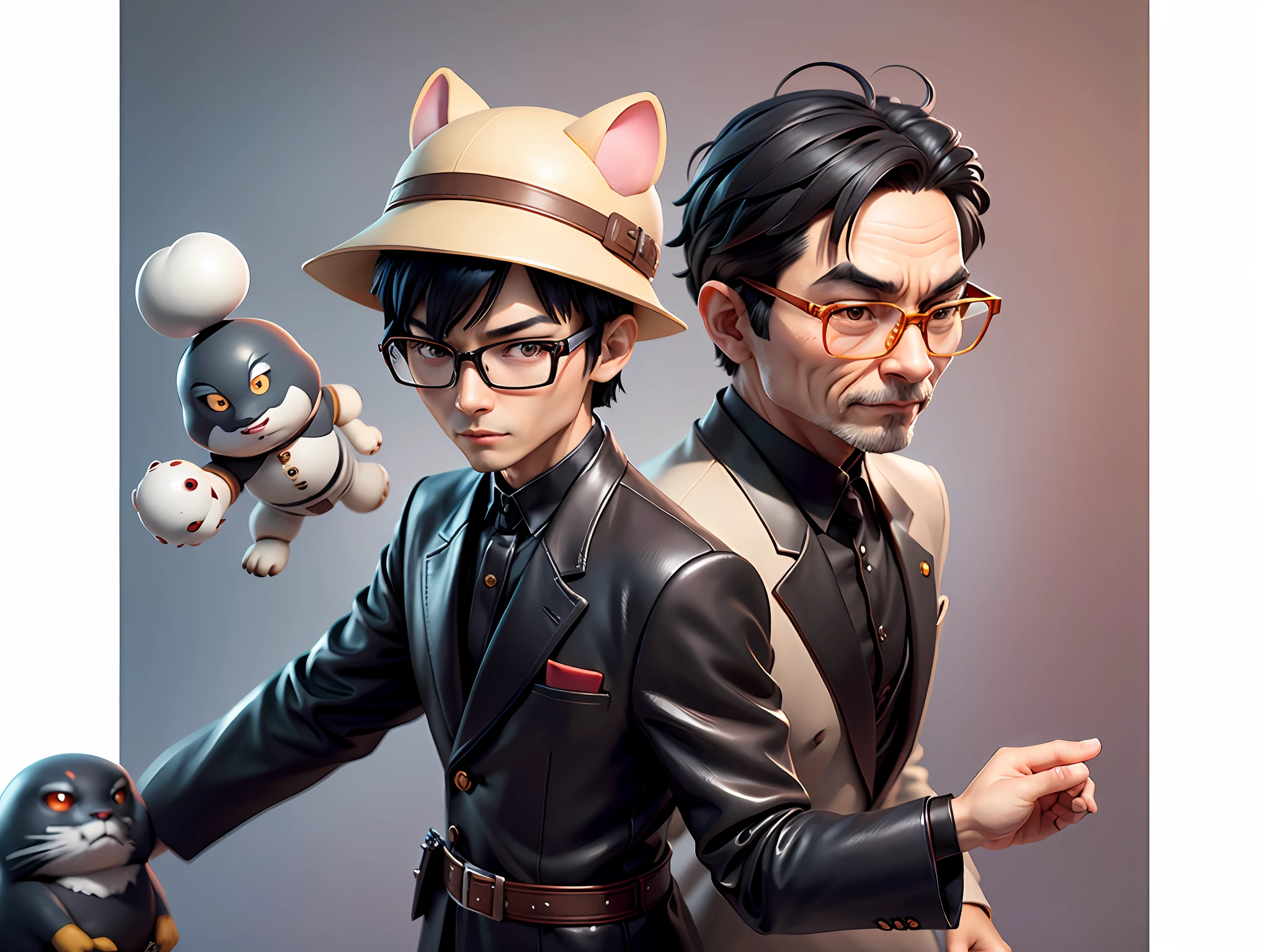 Young man with oriental face in leather hat, tiger, oriental face in formal suit, short black hair, silver glasses, digital painting, 3D character design by Mark Clairedon and Pixar and Hayao Miyazaki and Akira Toriyama, the illustration is a high-definition illustration in 4K resolution with very detailed facial features and cartoon-style visuals.