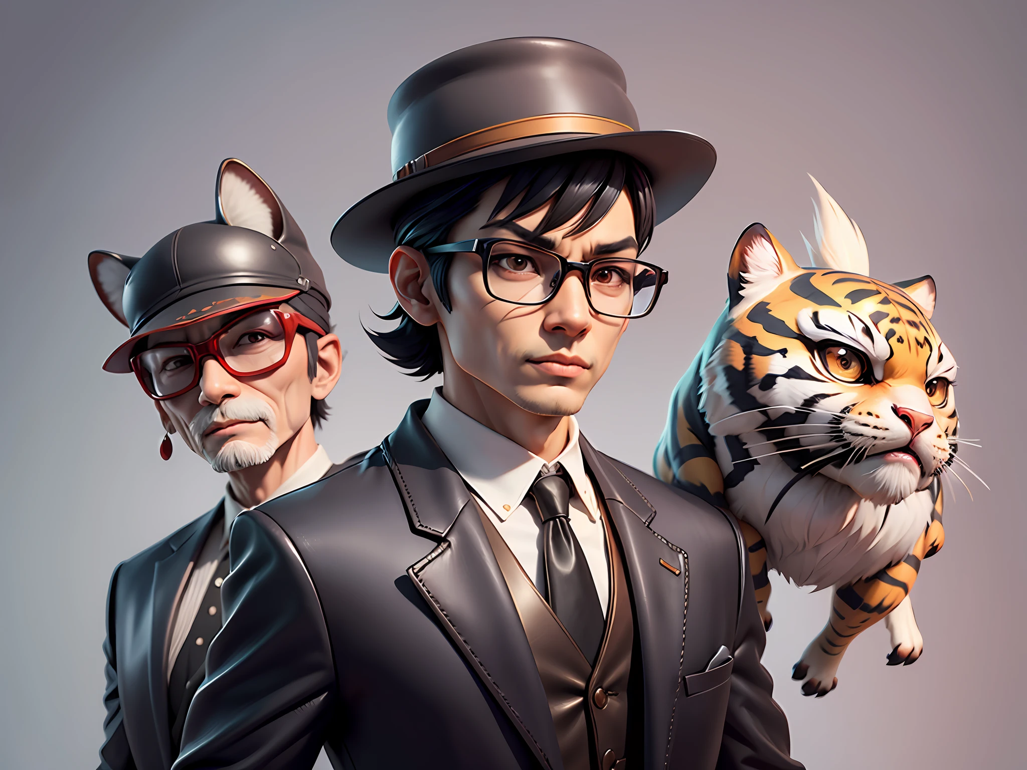 Young man with oriental face in leather hat, tiger, oriental face in formal suit, short black hair, silver glasses, digital painting, 3D character design by Mark Clairedon and Pixar and Hayao Miyazaki and Akira Toriyama, the illustration is a high-definition illustration in 4K resolution with very detailed facial features and cartoon-style visuals.