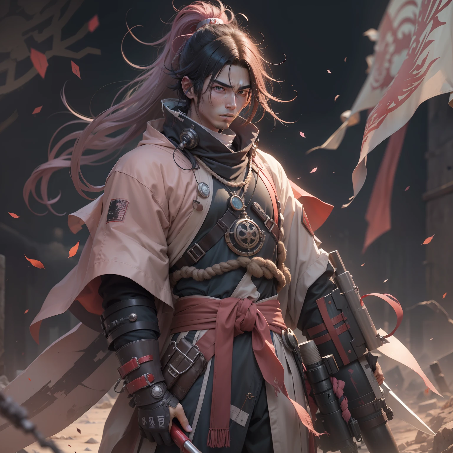 Imagine a post-apocalyptic landscape in 2500 years。Standing in the ruins、A Japan young man named Momotaro with a healthy and sturdy physique.、His youth々The face contrasts with the surrounding devastation。He wears a futuristic protective suit.、With red hakama、I have a large energy sword in my hand to slay demons。Peach-shaped pendant、i.e. a life-holding device hangs around his neck。pure、He holds a large flag of white。The image is dominated by pink and pink tones.、It symbolizes the identity of the character and his determination。The lighting is moody、It creates a sense of tension and anticipation。Use a high-resolution DSLR camera、Should be equipped with a telephoto lens to focus on the character and his equipment。The images are ultra-realistic、Very detailed and、Should be rendered in high resolution 16k。--ar 16:9 --v 5.1 --style raw --q 2 --s 750