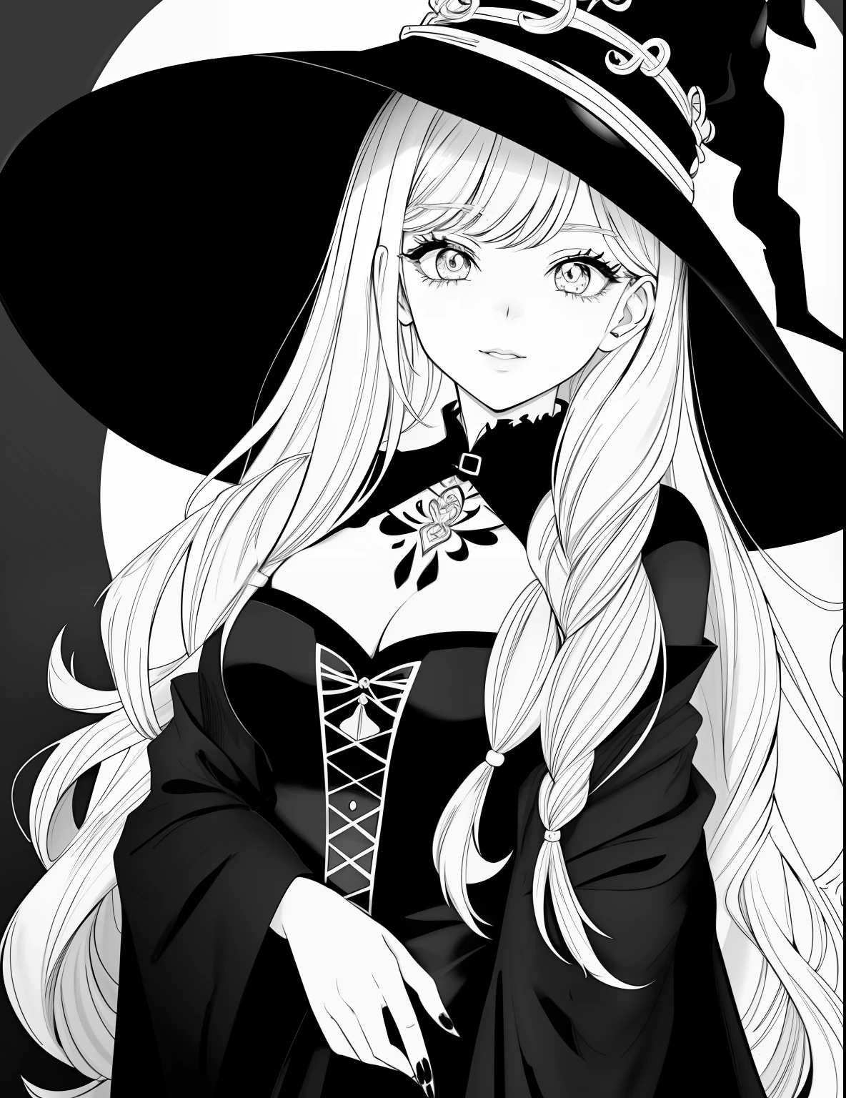 A coloring page with a girl and a cat in a Halloween scene, beautiful witch spooky female, line art colouring page, Retrato de uma jovem bruxa, Bruxa bonita com cabelo longo, black and white coloring, beautiful witch female, coloring book outline, Retrato de uma jovem bruxa, bruxa feminina bonita, clean coloring book page, bela arte de linha, arte vetorial em preto e branco