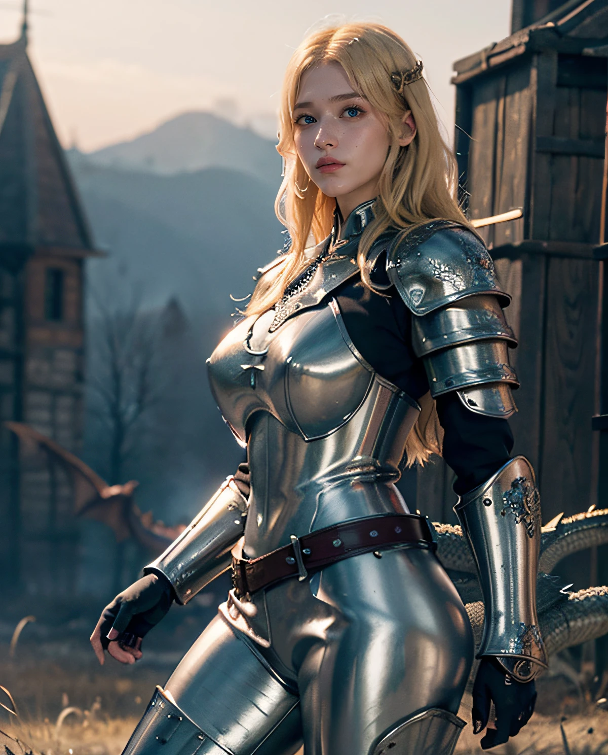 1girl, (Blue Eyes), cute face, (Long Shot LS), ((Sana Minatozaki)), wide hips, Big Boobs, big ass, (Best Quality, 8k, Masterpiece: 1.3)) ), Clear Focus: 1.2 , Perfect Body Beauty: 1.4 , Slender Abs: 1.2, Wet Body: 1.5 , Highly detailed face and skin texture, detailed eyes, double eyelids, (long blonde hair), (full medieval armor :1.4), (leather pants), skyrim, the elder scroll, on a battlefield, burning houses, ruins, (dragons flying in the background :1.3)