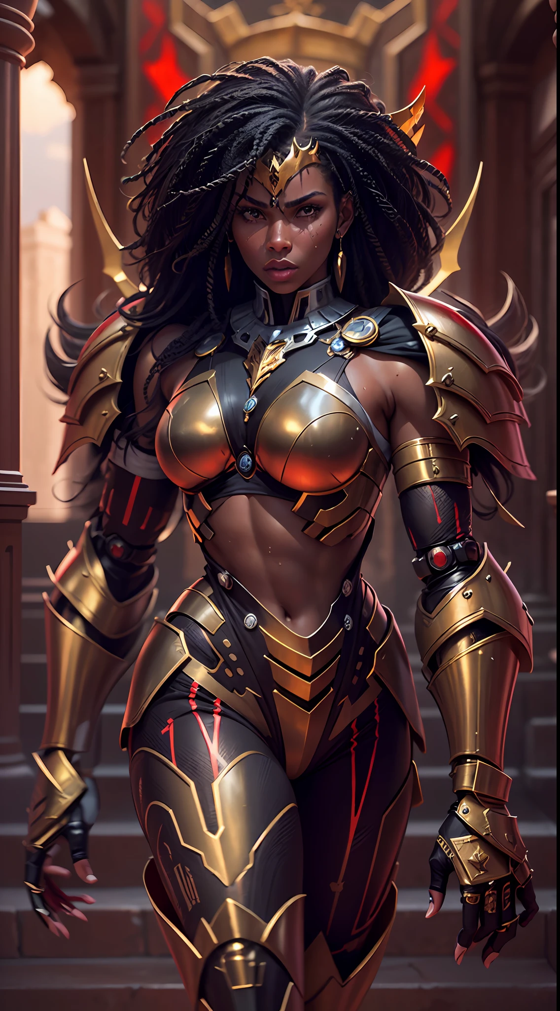 Ultra realistic , high resolution , ultra 8K , black woman , 30 years old , sweaty skin , athletic body with golden robotic armor and red color , steel King clothes , a cybernetic King knight , Ultra resolution , Desert castle throne , pose of fight , fighting .