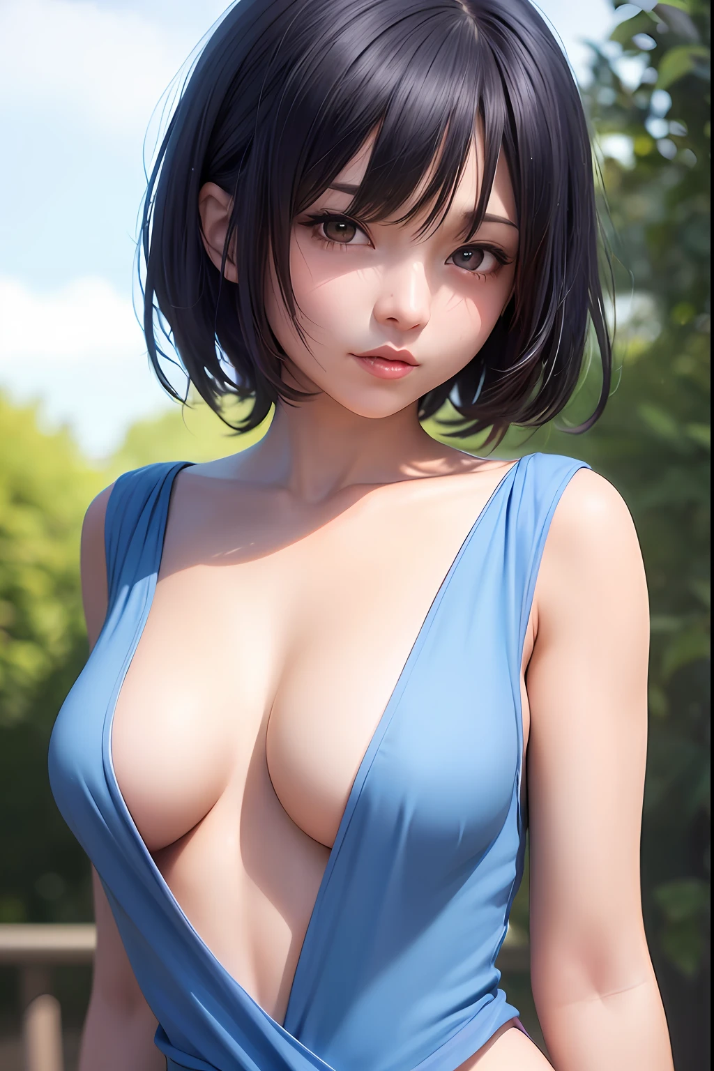 chest circumference，upper body bare，Anime girl with short hair and blue dress，posed for photo，style，Smooth anime CG art，[4K realism]！，Photorealistic anime，Soft portrait shooting 8K，[4K realism]！，8K portrait rendering，anime realism style，Exposing private parts