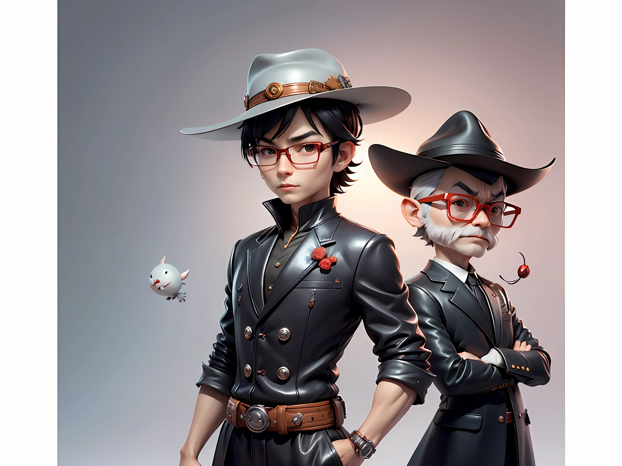 Young man with oriental face in leather hat, dragon, formal suit, short black hair, silver glasses, digital painting, 3D character design by Mark Clairedon and Pixar and Hayao Miyazaki and Akira Toriyama, the illustration is a high-definition illustration in 4K resolution with very detailed facial features and cartoon-style visuals.
