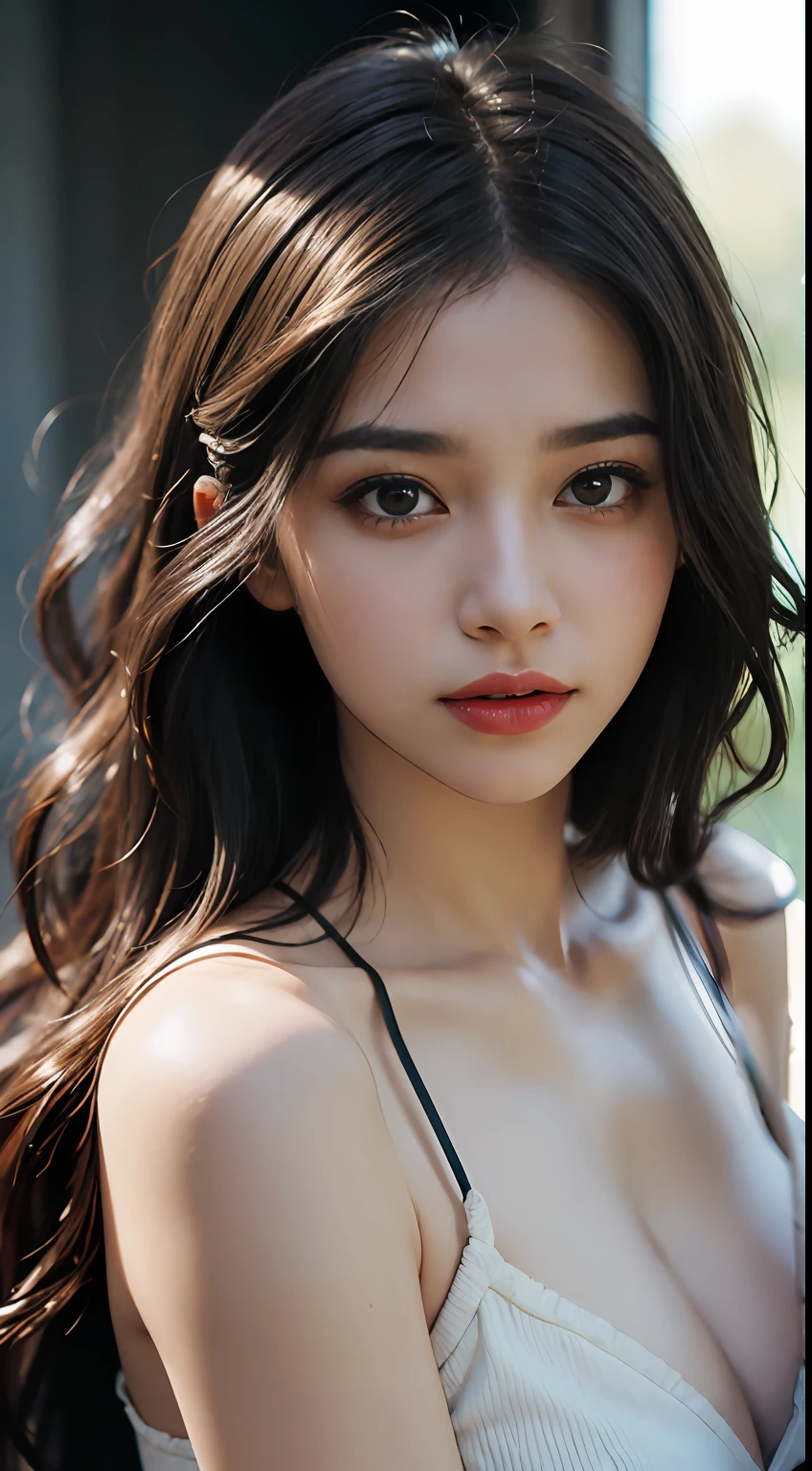 film portrait photography, 1girl, bare shoulders, wavy shoulder-length hair, serene, calm, (realistic detailed eyes, natural skin texture, realistic face details), soft dramatic lighting, depth of field, bokeh, vibrant details, finely detailed, hyperrealistic, 35mm film, hazy blur