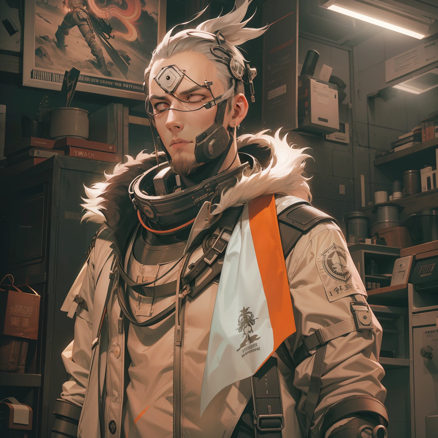 Imagine a post-apocalyptic landscape in the year 2500, infused with cyberpunk aesthetics. Amidst the ruins, stands Momotaro, a character of robust and healthy physique, his youthful face a stark contrast to the desolation around him. He's garbed in a futuristic protective suit, complete with a red hakama, and wields a large energy sword, a beacon of hope against the darkness. A peach-shaped pendant, a life-preserving device, hangs around his neck, and he holds a large white flag. The image is dominated by tones of peach and pink, symbolizing the character's identity and his resolve. The lighting is moody, creating a sense of tension and anticipation, with neon lights casting an otherworldly glow. The camera used should be a high-resolution DSLR, equipped with a telephoto lens to focus on the character and his equipment. The image should be rendered in hyper-realistic, highly detailed, and high-resolution 16k. --ar 16:9 --v 5.1 --style raw --q 2 --s 750