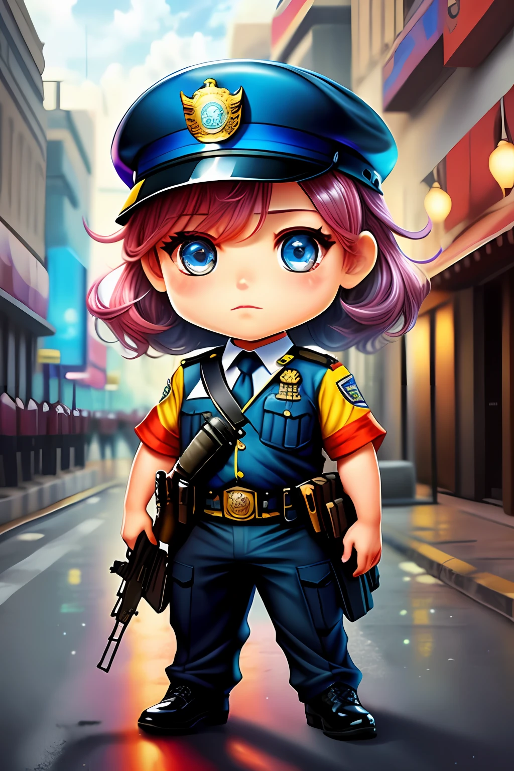 policeman,Chibi,real,art, 
yang08k, photography, beautiful,  colorful,realistic,
masterpieces, top quality, best quality, official art, beautiful and aesthetic,