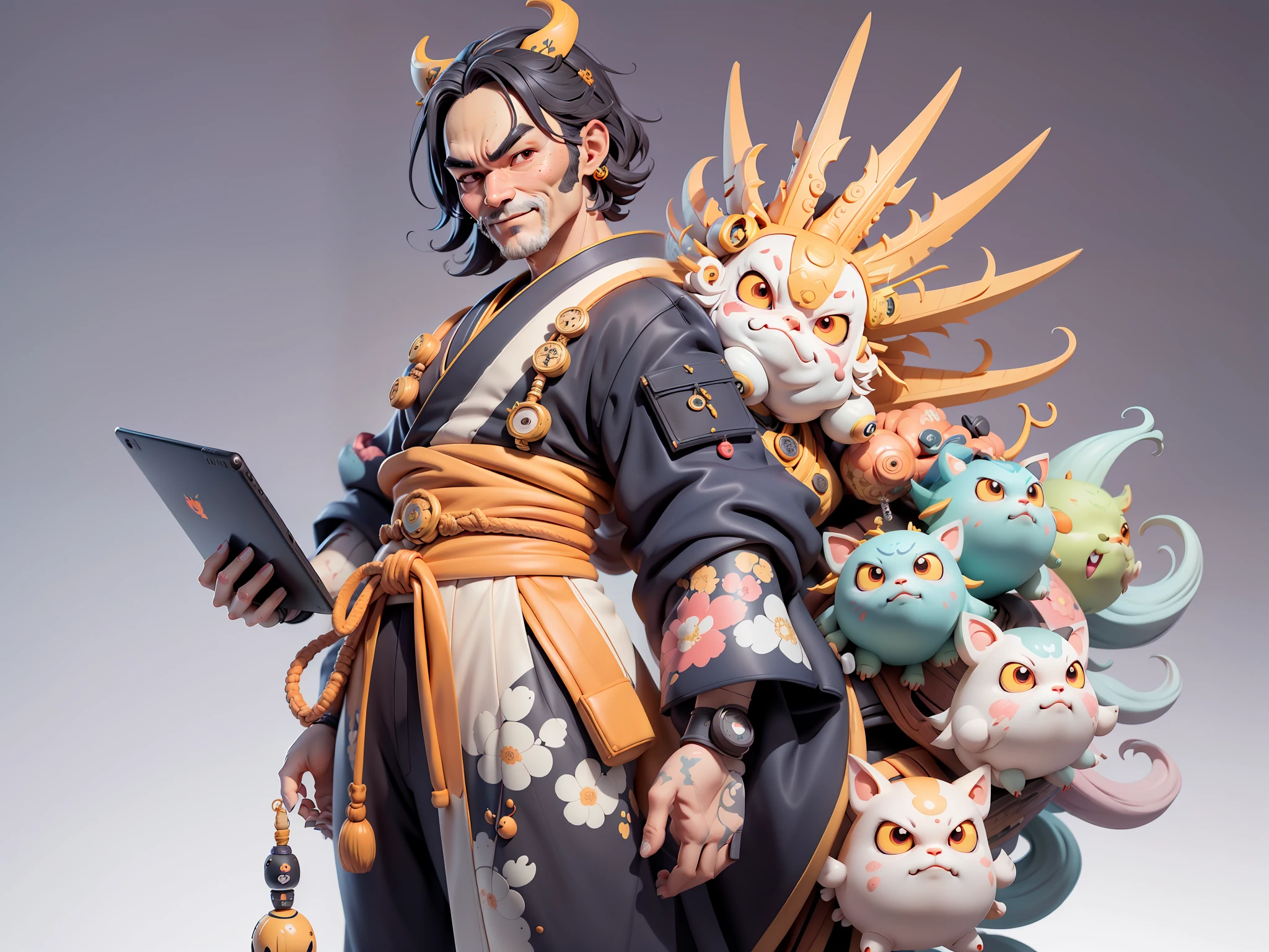 (Daisaku),(Need),(Super meticulous),(full bodyesbian:1.2),Japanese ukiyo-e girl,japanese geisha,Beautiful,Oriental dragon,Aeolian Thor,Raised sexy,爆乳,Oriental face,TV Anchor,Bust portrait illustration,Alone,In black suit,a blue tie,The face is slightly chubby,The face was clean,without a beard,Black super short hair,Black eyes,Smile confidently,3C computer sub-products,iPad, iphone,Digital painting,3D character design by Mark Clairen and Pixar and Hayao Miyazaki and Akira Toriyama,The illustration is a high-definition illustration in 4K resolution,With very detailed facial features and cartoon-style visuals。