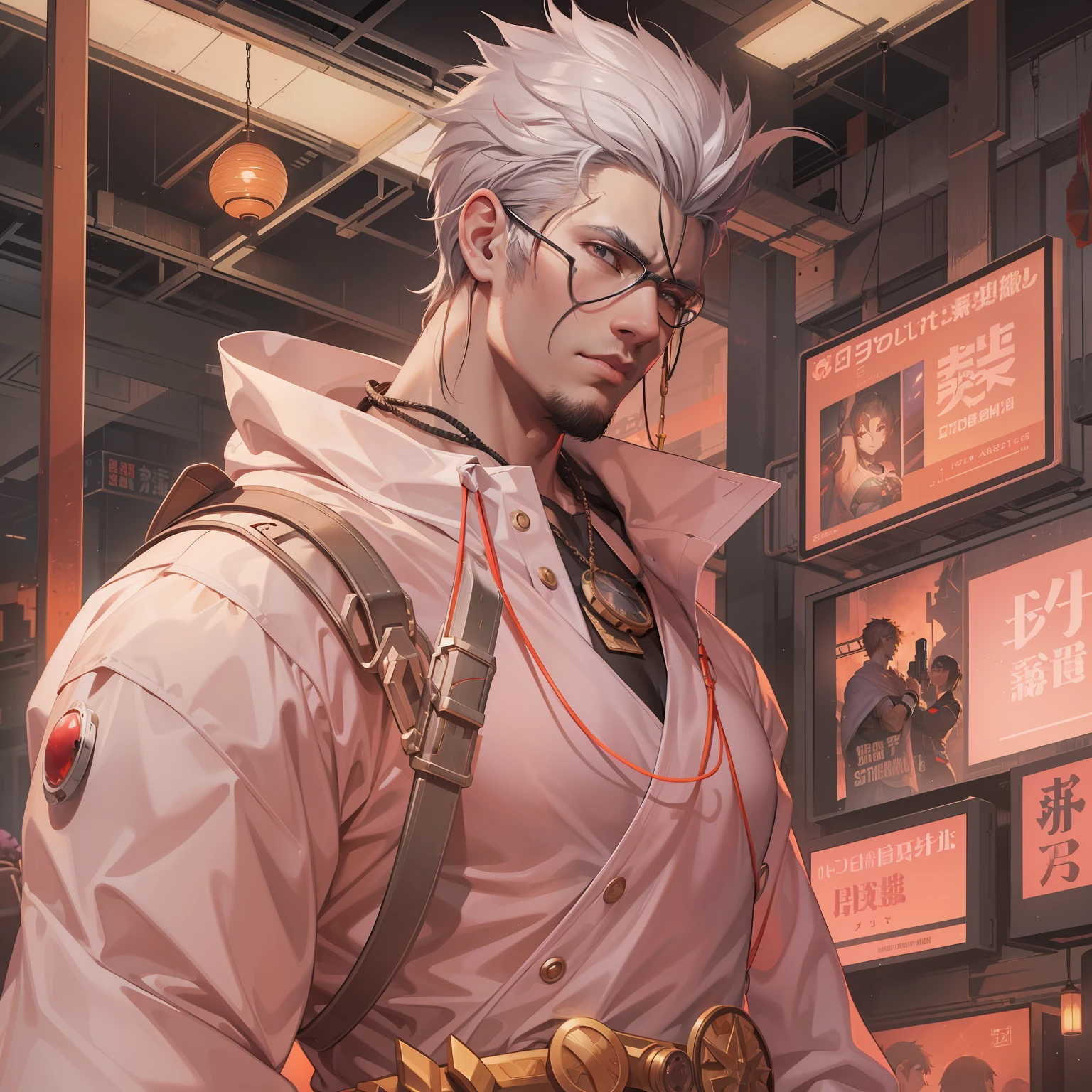 Imagine a post-apocalyptic landscape in the year 2500, infused with cyberpunk aesthetics. Amidst the ruins, stands Momotaro, a character of robust and healthy physique, his youthful face a stark contrast to the desolation around him. He's garbed in a futuristic protective suit, complete with a red hakama, and wields a large energy sword, a beacon of hope against the darkness. A peach-shaped pendant, a life-preserving device, hangs around his neck, and he holds a large white flag. The image is dominated by tones of peach and pink, symbolizing the character's identity and his resolve. The lighting is moody, creating a sense of tension and anticipation, with neon lights casting an otherworldly glow. The camera used should be a high-resolution DSLR, equipped with a telephoto lens to focus on the character and his equipment. The image should be rendered in hyper-realistic, highly detailed, and high-resolution 16k. --ar 16:9 --v 5.1 --style raw --q 2 --s 750