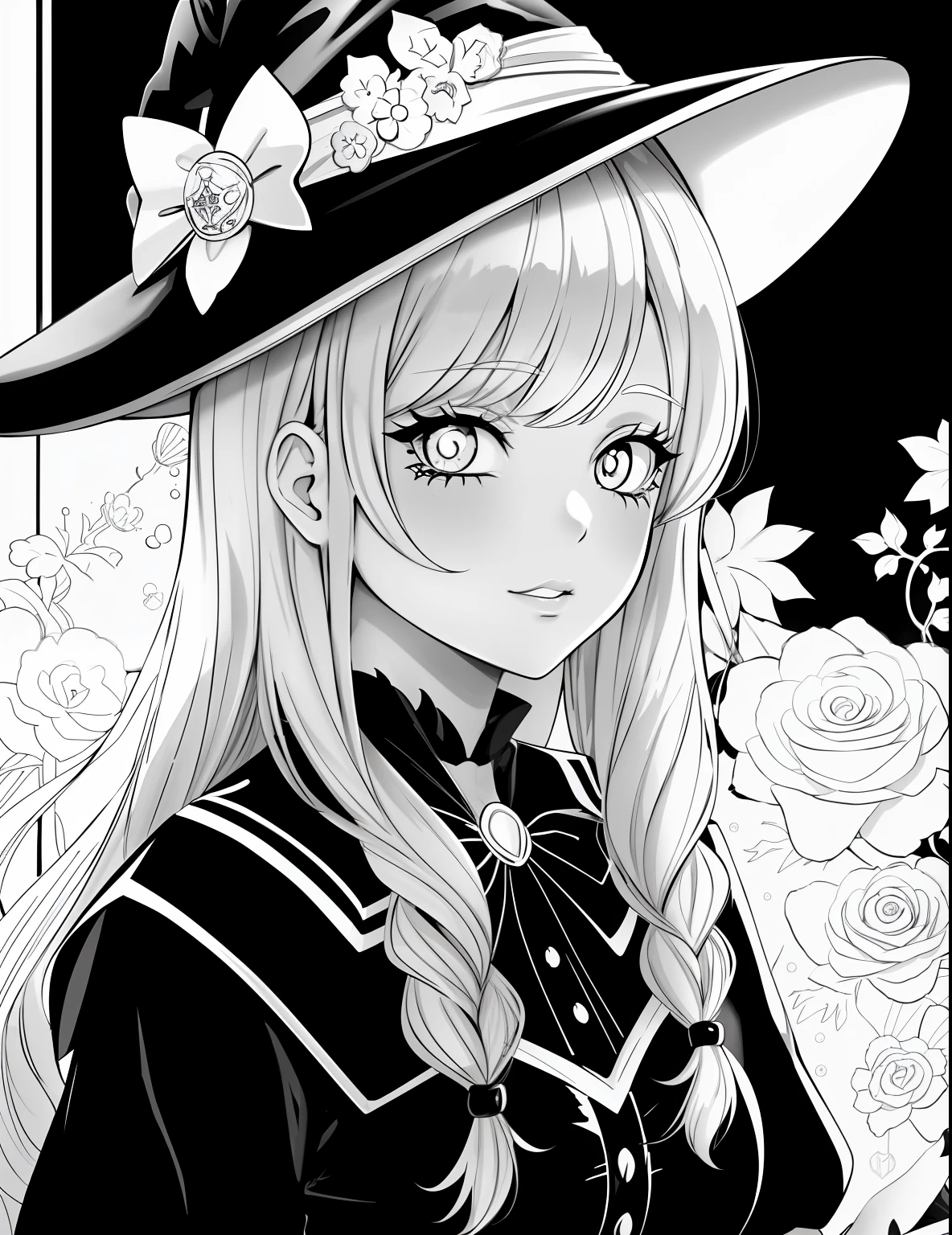 A coloring page with a girl and a cat in a Halloween scene, beautiful witch spooky female, line art colouring page, Retrato de uma jovem bruxa, Bruxa bonita com cabelo longo, black and white coloring, beautiful witch female, coloring book outline, Retrato de uma jovem bruxa, bruxa feminina bonita, clean coloring book page, bela arte de linha, arte vetorial em preto e branco