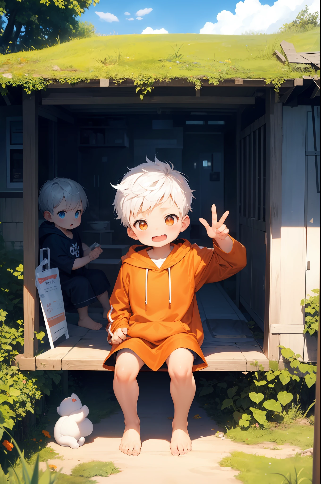 2 chubby  boys with White hair and shiny orange eyes and barefoot wearing a oversized hoodie sitting on a field, blushing, drooling, young, boy, child,l, todd