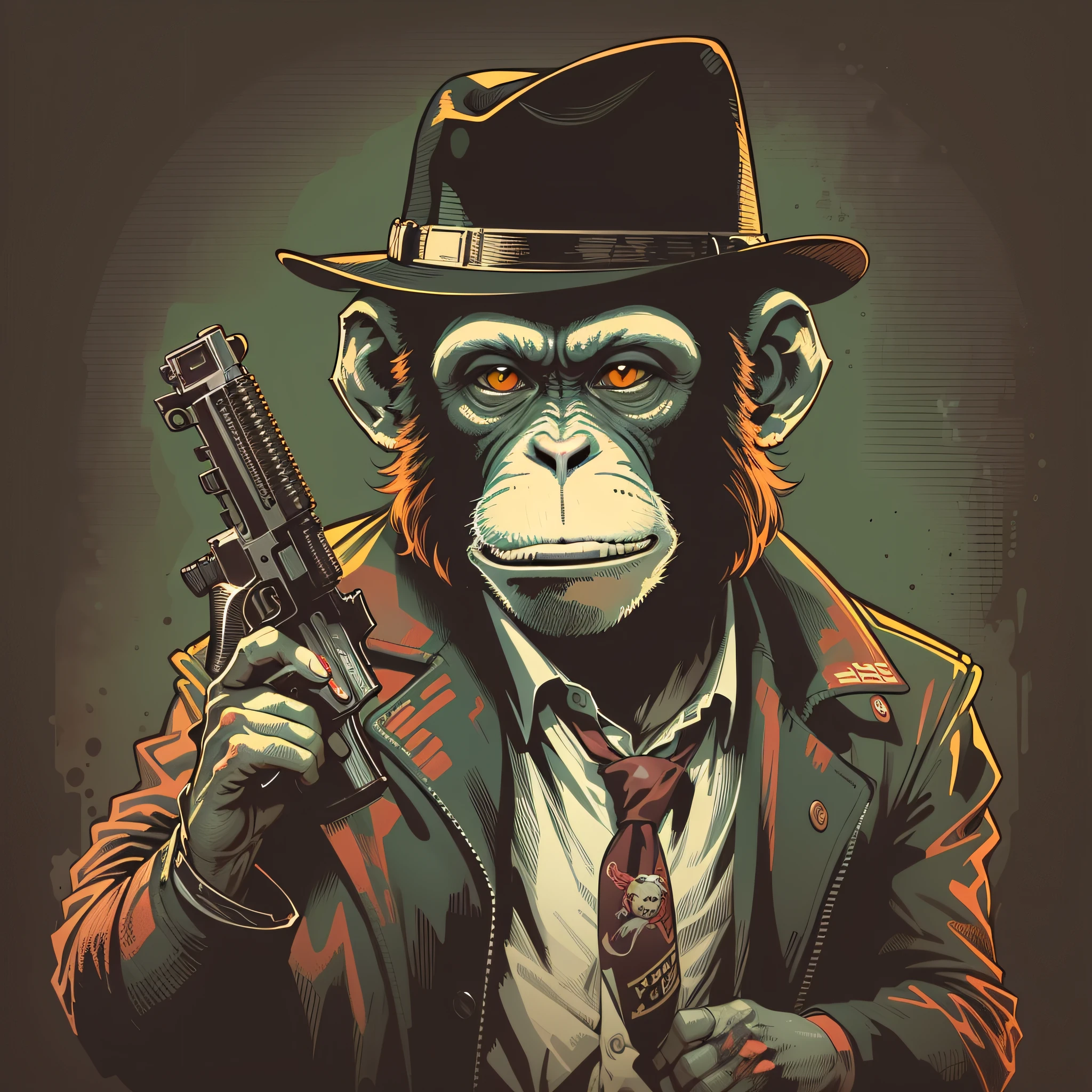 vector art of monkey dressed in gangster style with a gun, 50s style clothing, hat, popular image, retro realistic cartoon style, t-shirt print style image