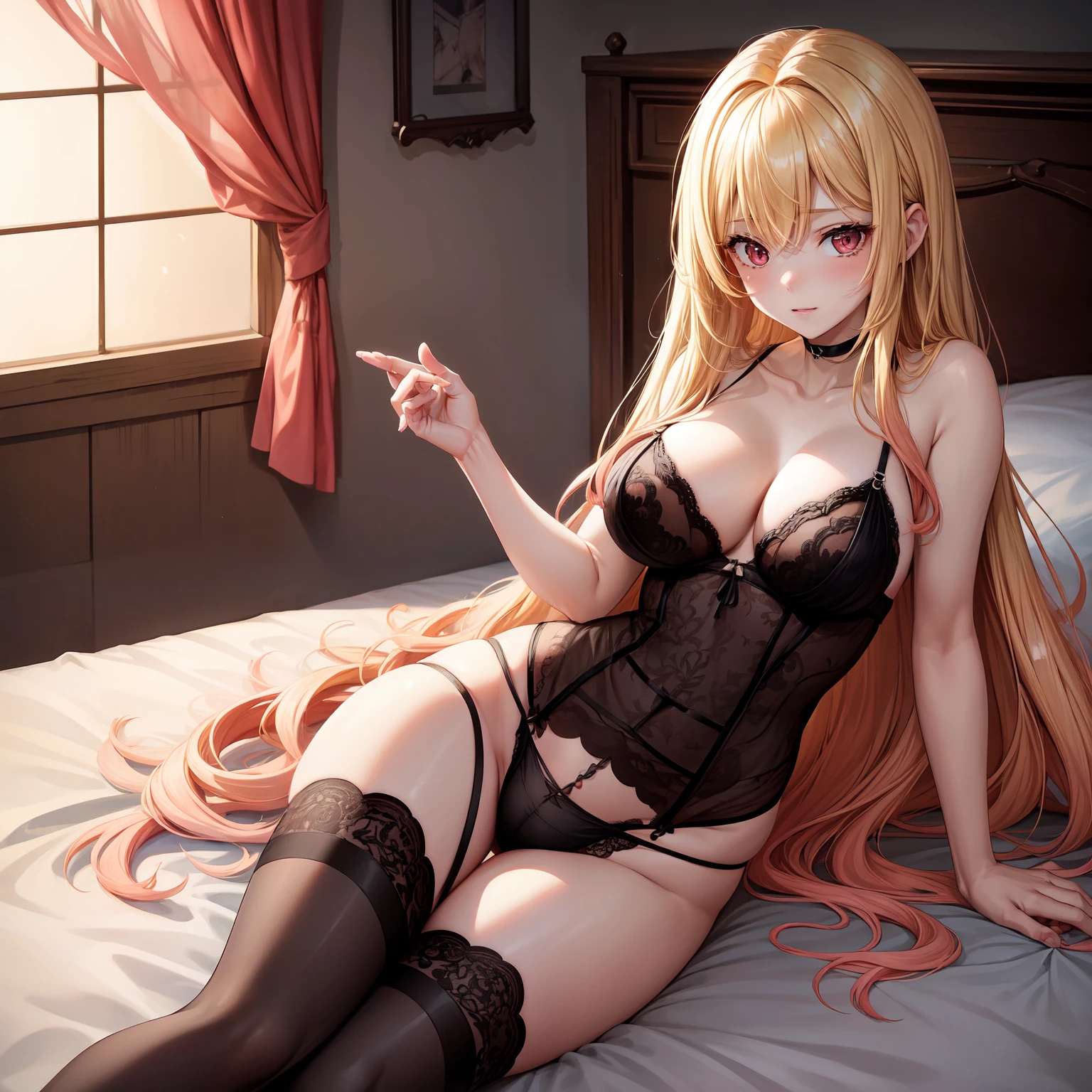 1 girl, long hair, blonde hair,smooth blonde hair with an ombré transition to pinkish-red or citrus orange at the tips and reaching down to waist in the rear, dark pink color eyes contact, large breast, black lingerie, black panties, black pair of stocking, laying on top the bed