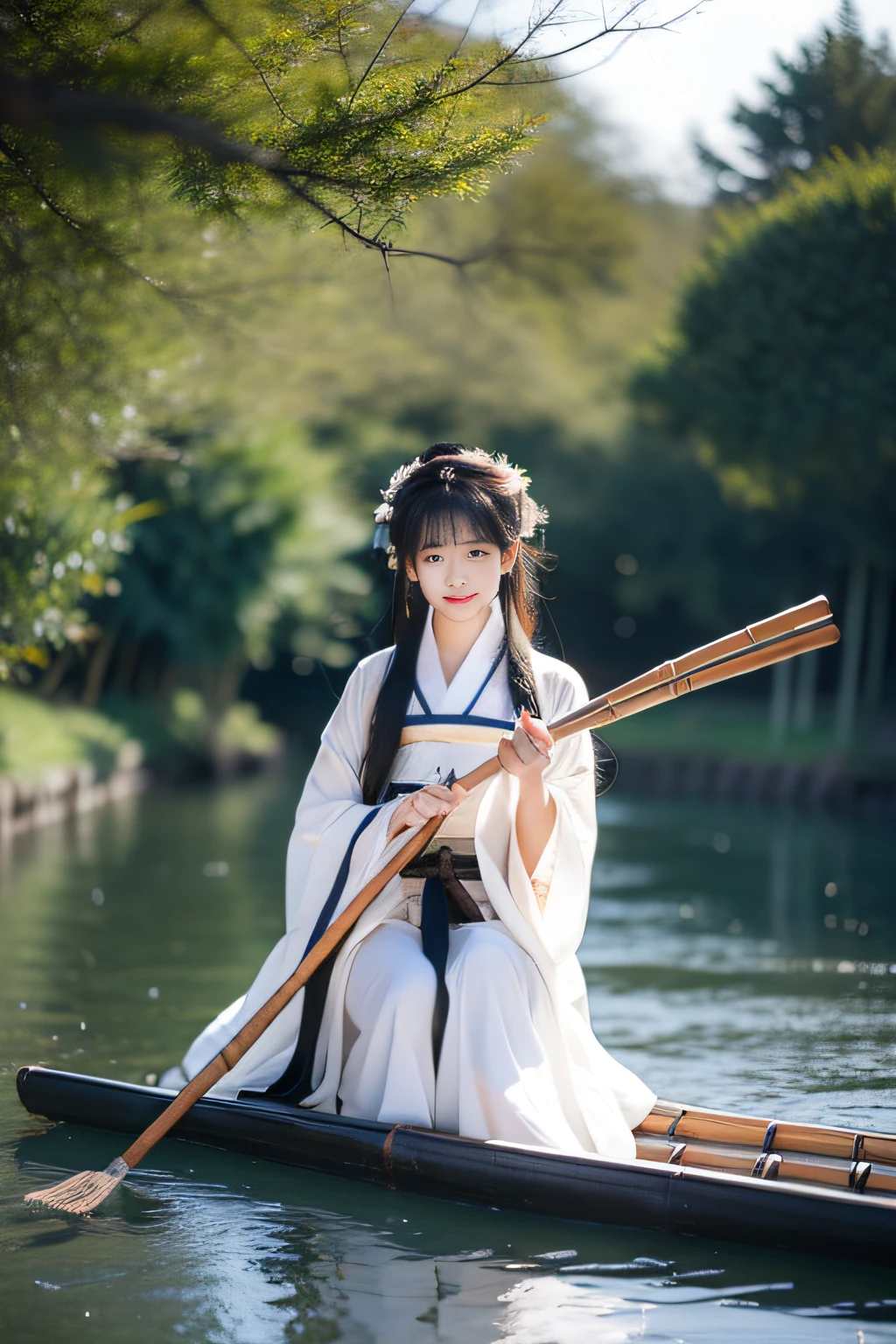 On the river, The bamboo raft wearing Hanfu is a woman rowing