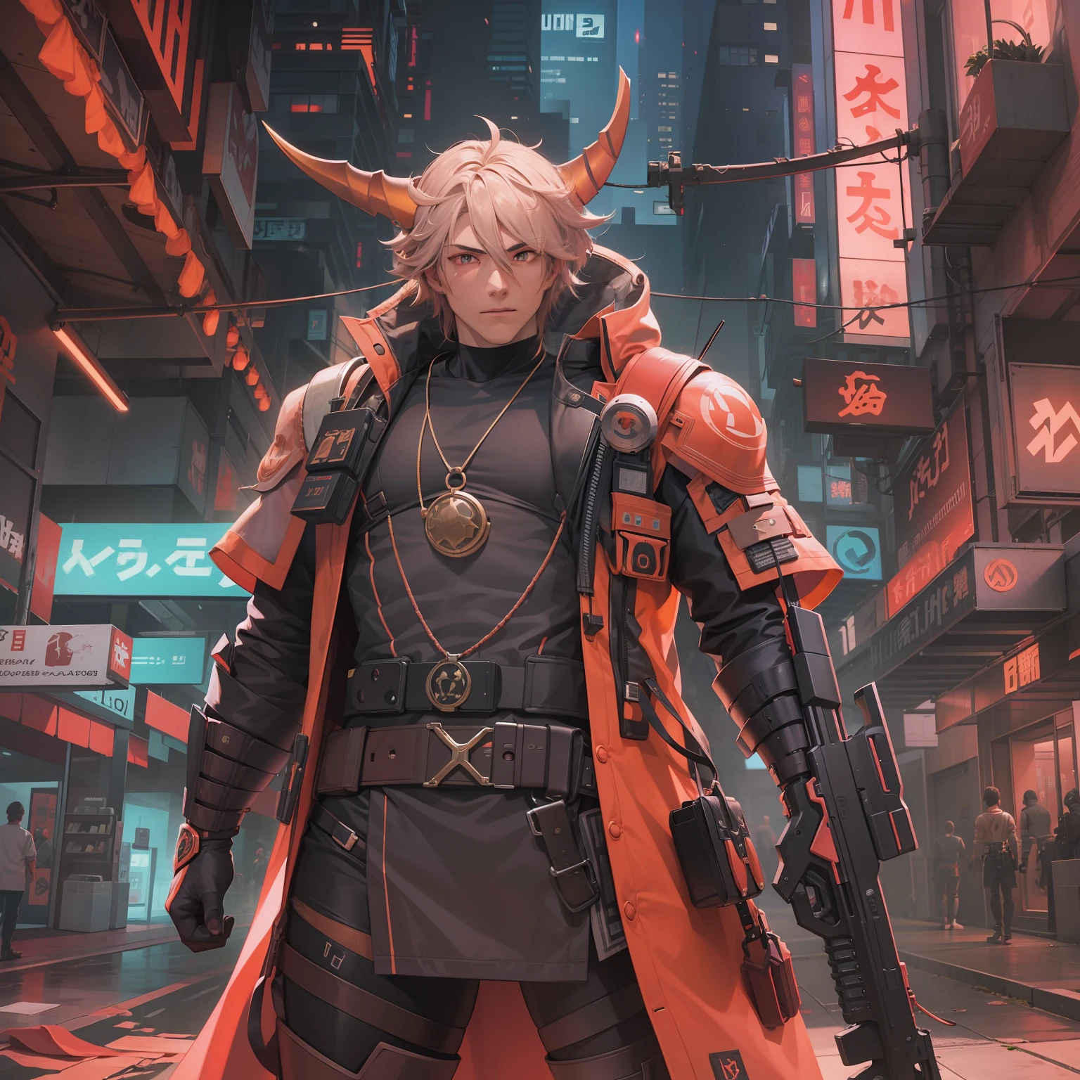 Envision a cyberpunk scene set in the year 2500 on a devastated Earth. Our protagonist, Momotaro, a muscular and youthful Japanese young man, stands tall. He's dressed in a protective combat suit, with a striking red hakama, a nod to his traditional roots. In his hand, he wields a large energy sword, a weapon of future technology designed for demon extermination. Around his neck, a pendant in the shape of a peach, a life-sustaining device, and he holds a large white flag. The color palette is dominated by shades of peach and pink, reflecting the character's name and attire. The lighting should be neon, typical of the cyberpunk genre, casting long shadows and highlighting the textures of his gear and the surrounding environment. The camera used should be a high-end DSLR, with a wide-angle lens to capture the full breadth of the scene. The image should be hyper-realistic, highly detailed, and high-resolution 16k. --ar 16:9 --v 5.1 --style raw --q 2 --s 750