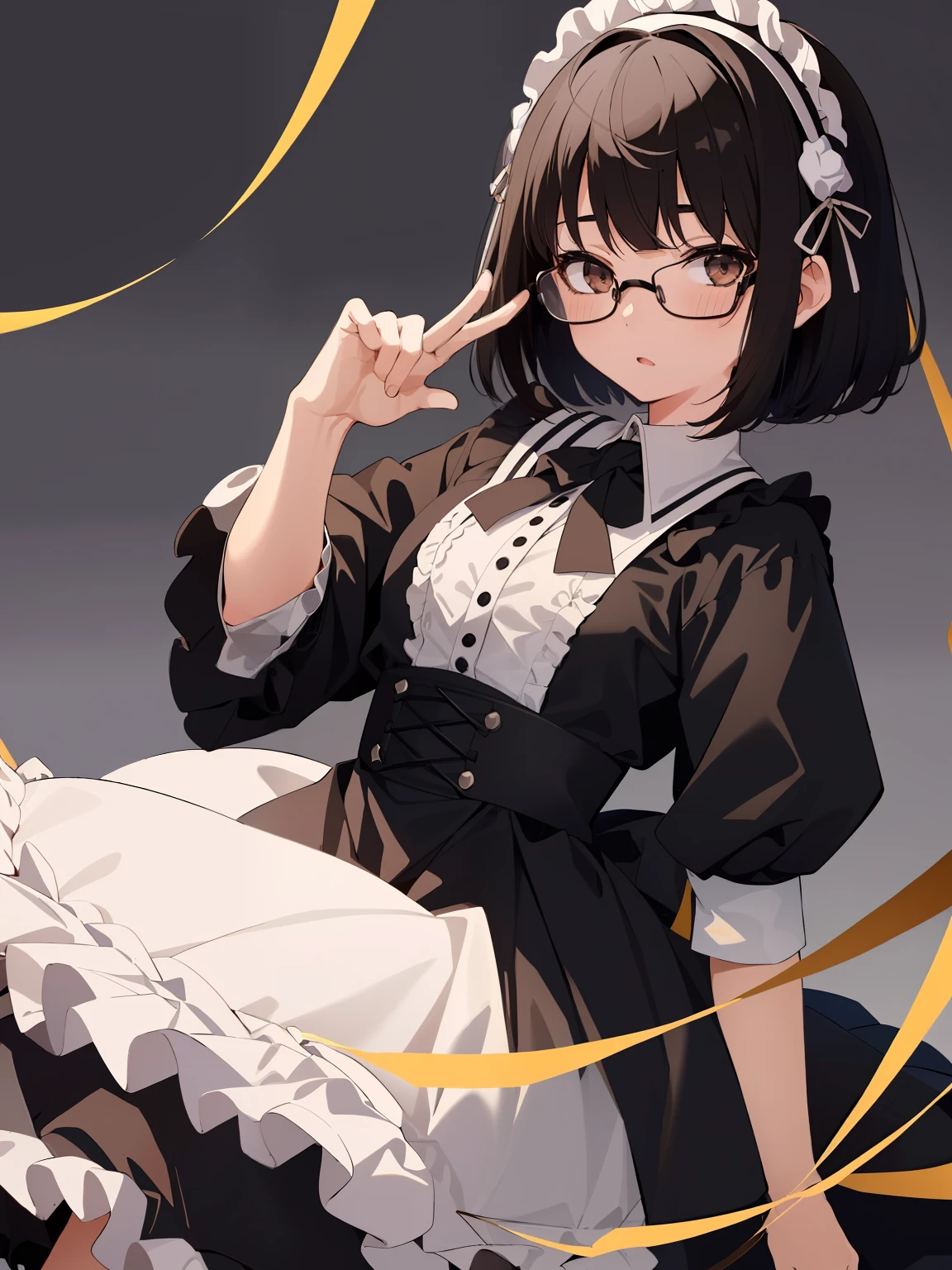 (girl with、独奏、a junior high school student、A dark-haired、short-hair、straight haired、Light brown eyes、hair adornments、wearing black glasses、cute  face)、​masterpiece、best qualtiy、Gothic ****ta Fashion