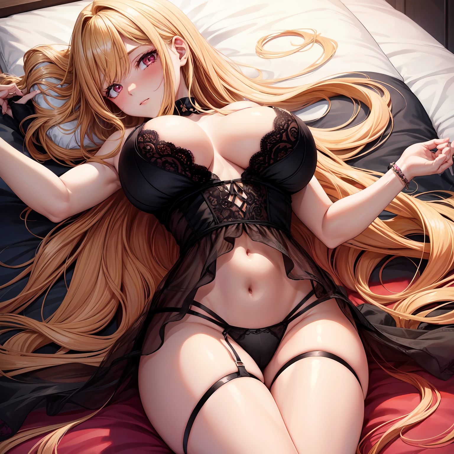 1 girl, long hair, blonde hair,smooth blonde hair with an ombré transition to pinkish-red or citrus orange at the tips and reaching down to waist in the rear, dark pink color eyes contact, large breast, black lingerie, black panties, black pair of stocking, laying on top the bed