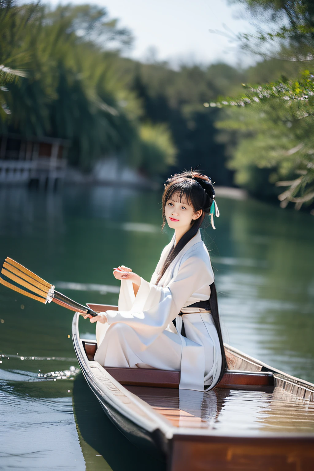 On the river, The bamboo raft wearing Hanfu is a woman rowing