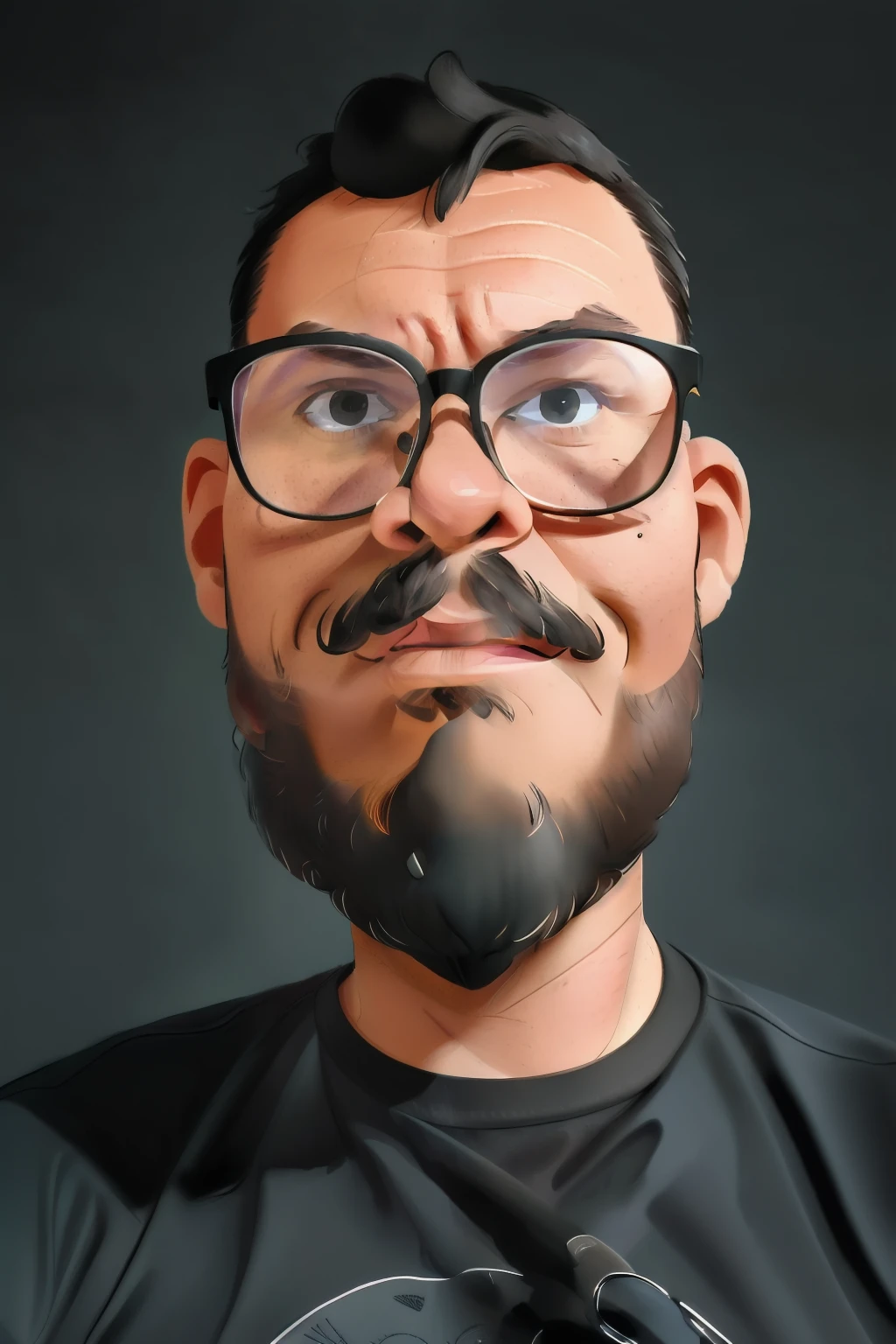 guttonervision8, ((best quality)), ((masterpiece)), ((realistic cartoon)), ((perfect character)) - A frontal portrait, meticulously detailed and realistic, of a bearded man wearing glasses and a black shirt. The image captures the man's discreet smile, adding a touch of warmth and approachability to the portrait. The beard is carefully depicted, and the glasses are rendered with precision. The black shirt showcases fine textures, emphasizing the professionalism of the image. This portrait, designed for official documents, is presented in stunning 8K UHD resolution, ensuring clarity and authenticity.